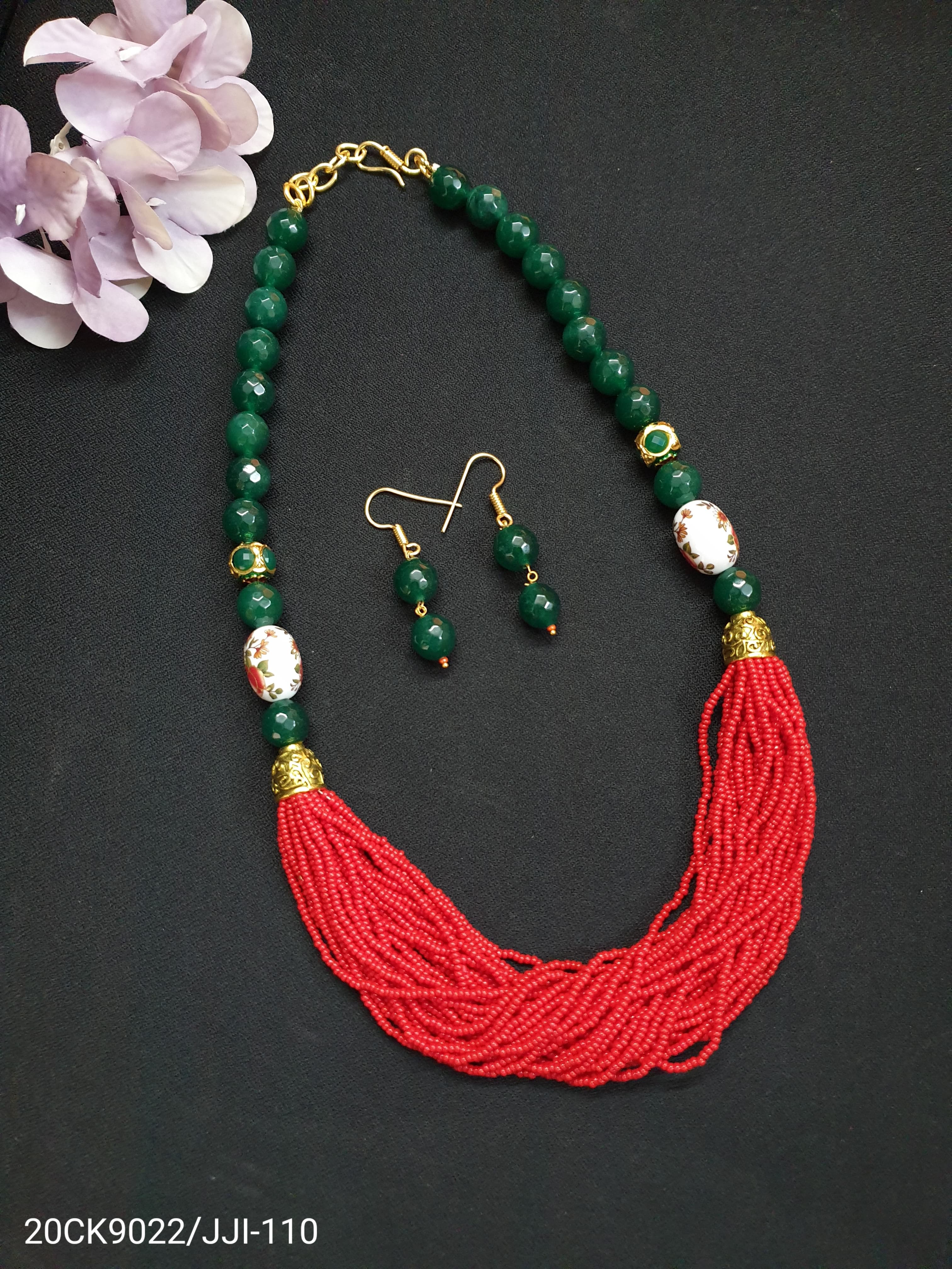 Green Stone Red Seed Bead Necklace Set