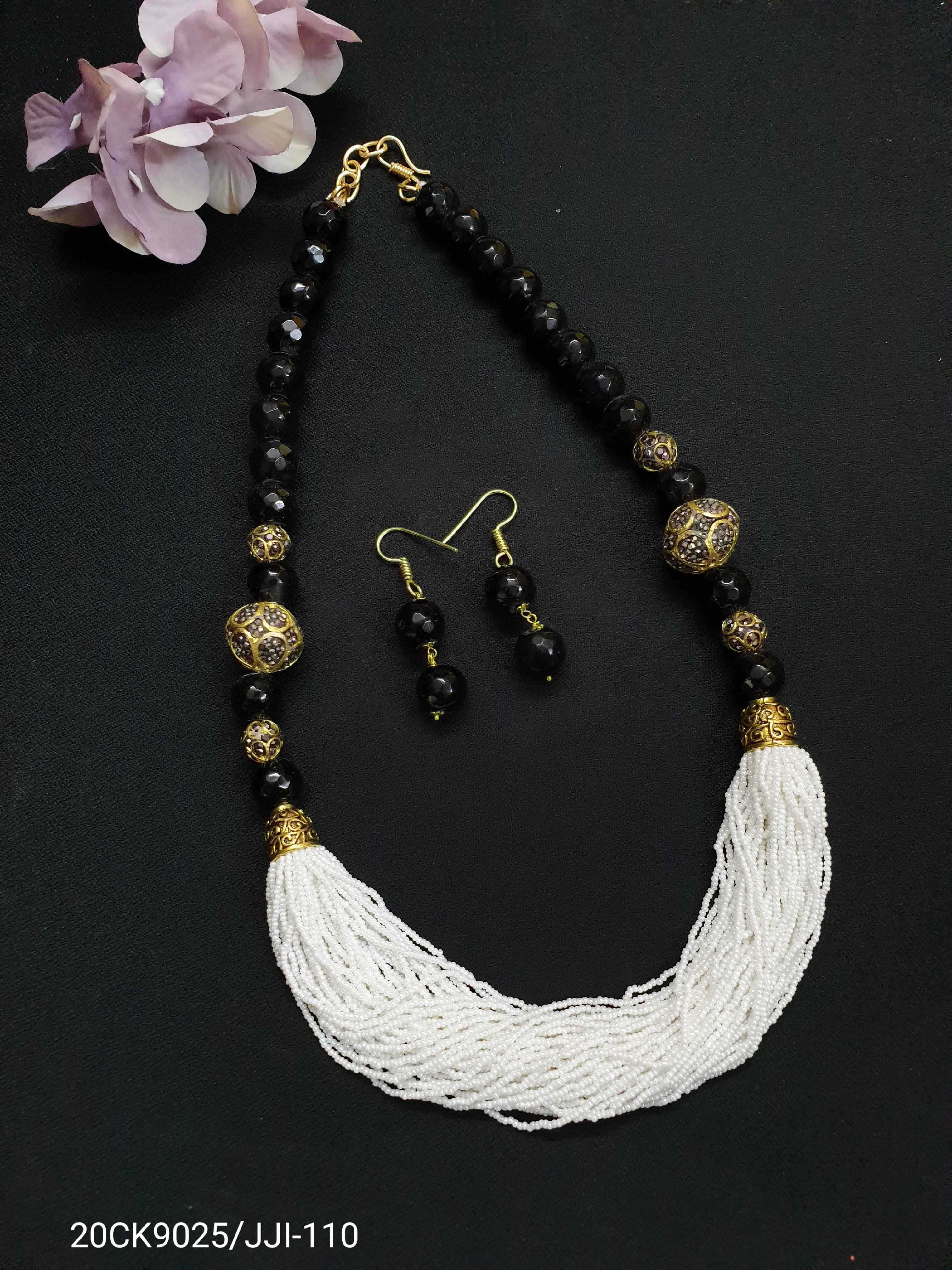Black Stone Pearl Seed Bead Necklace Set