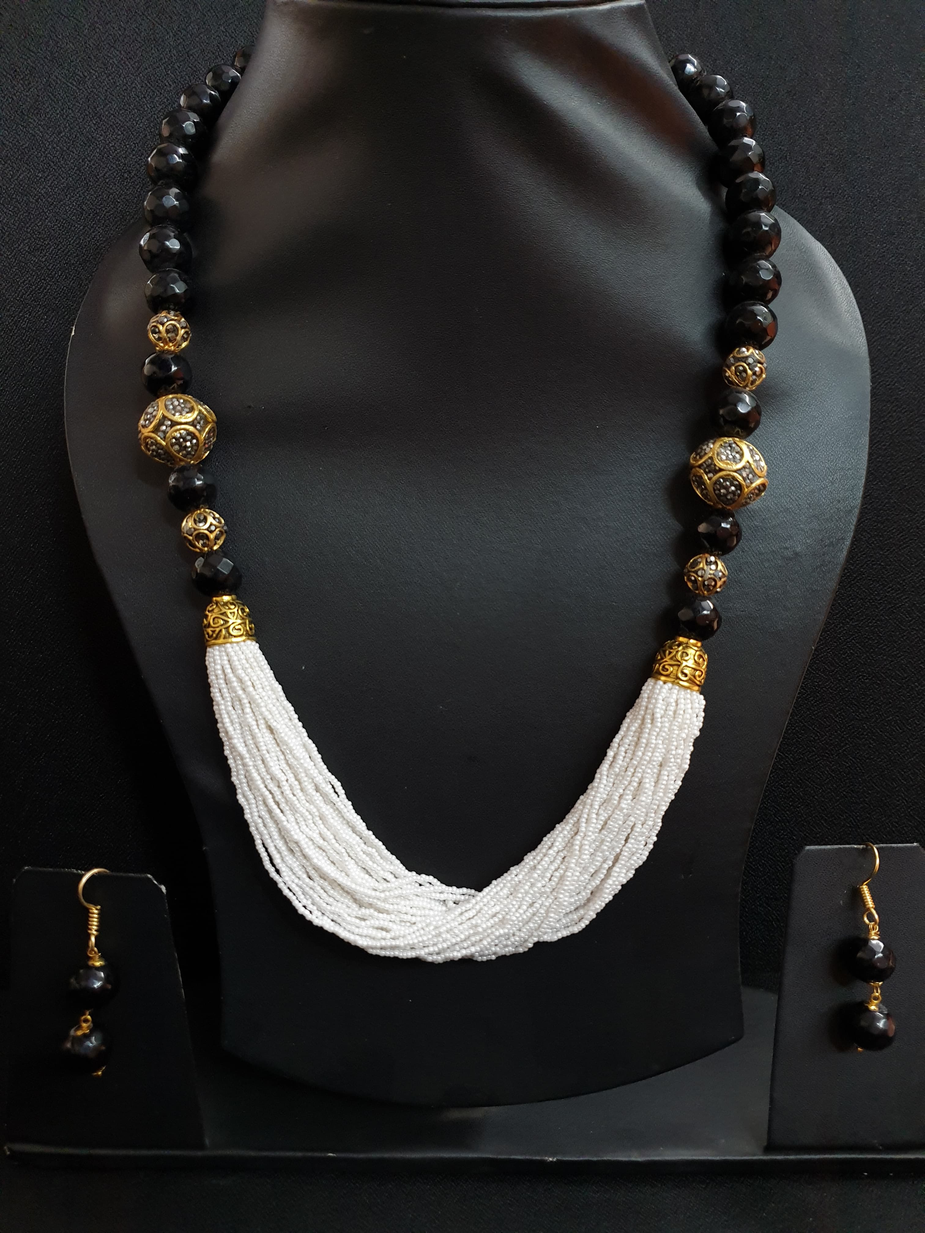 Black Stone Pearl Seed Bead Necklace Set