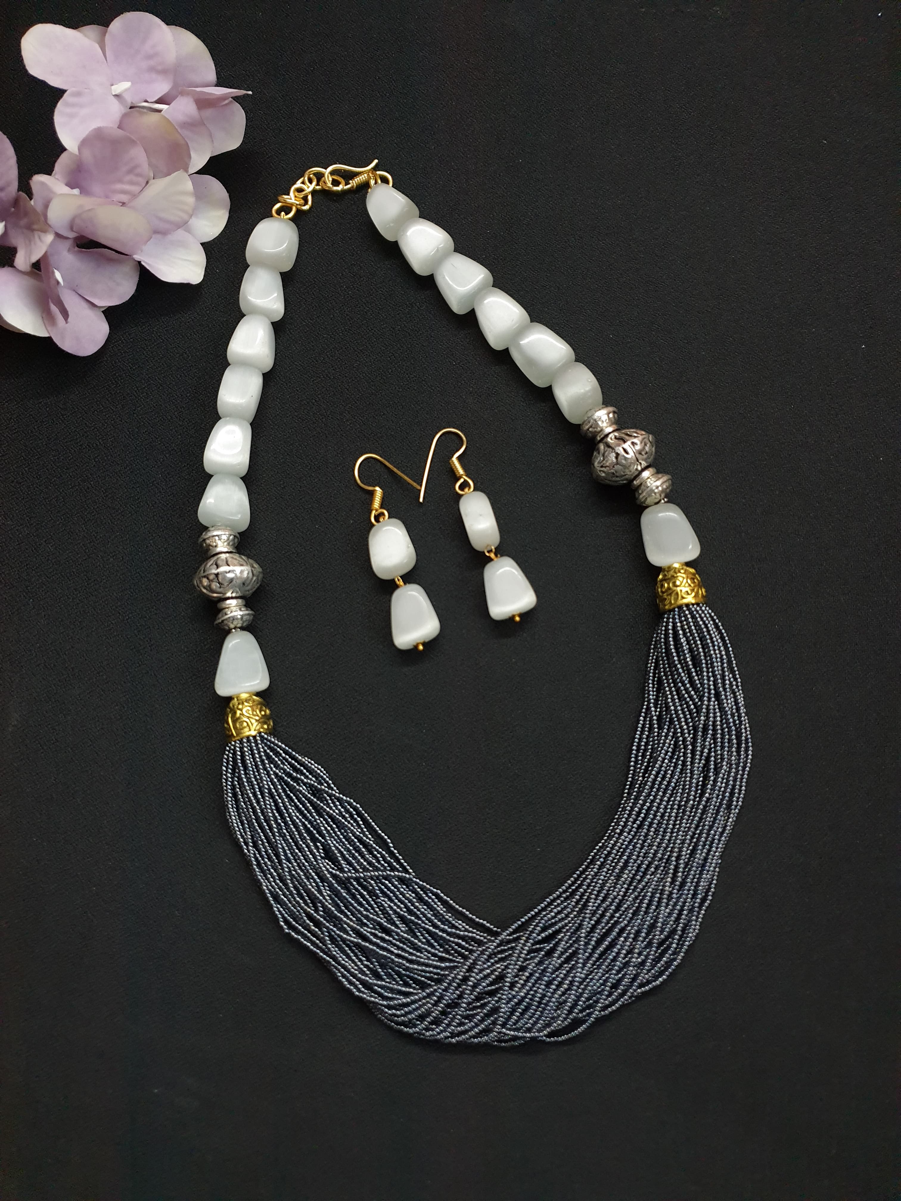 Grey Monalisa Stone Seed Bead Necklace Set