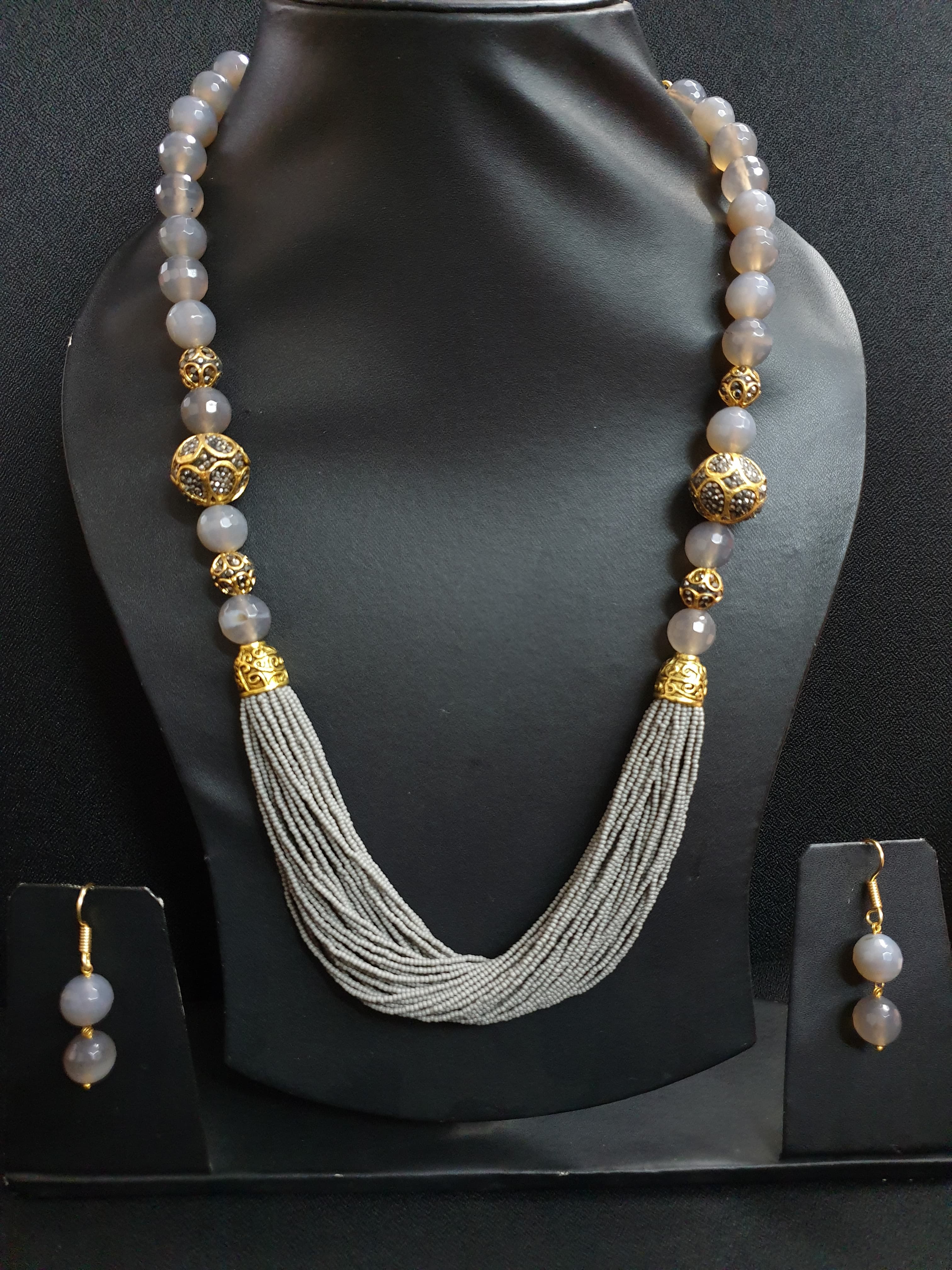 Grey Stone Seed Bead Necklace Set