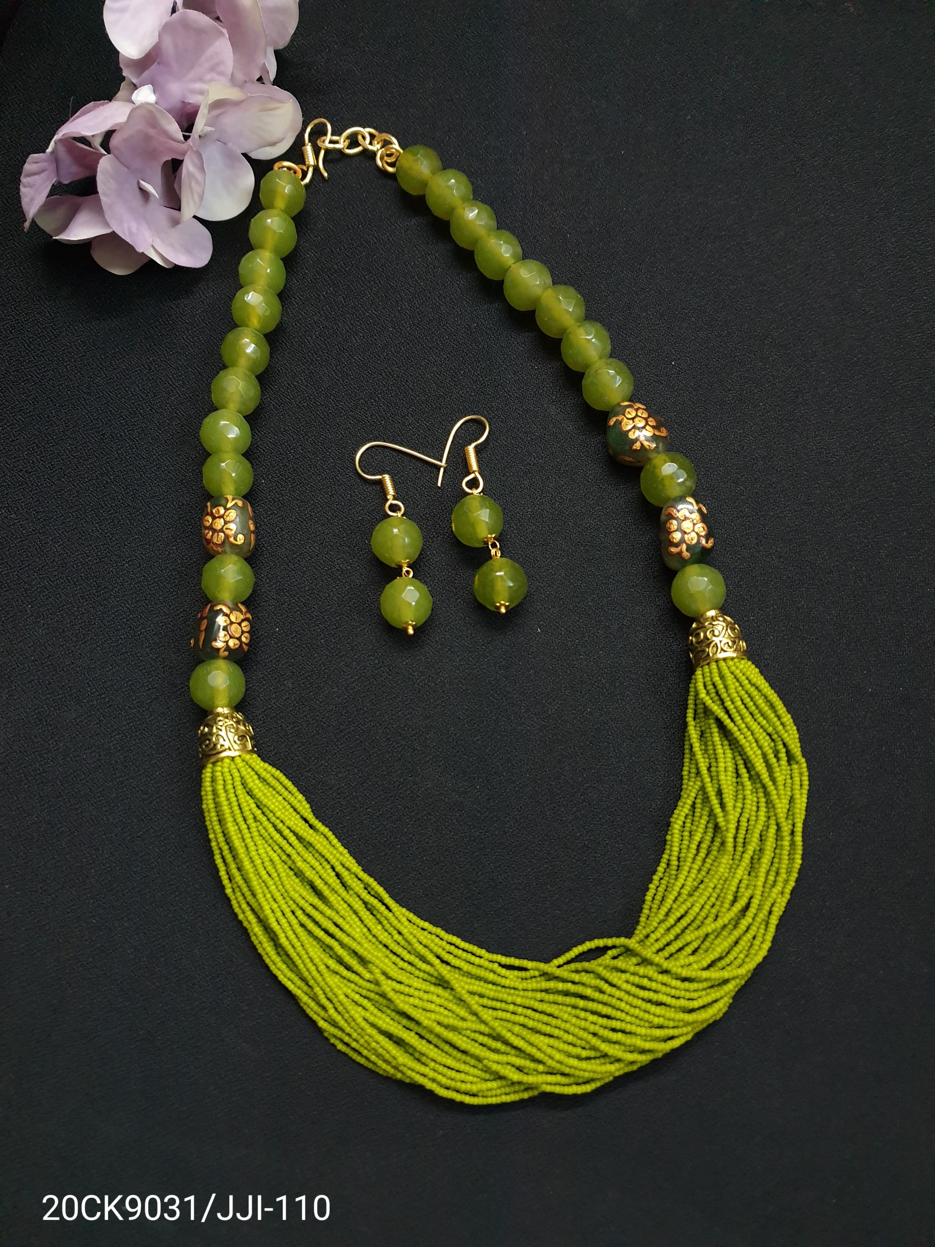 Mehendi Green Seed Bead Hanpainted Stone Necklace Set