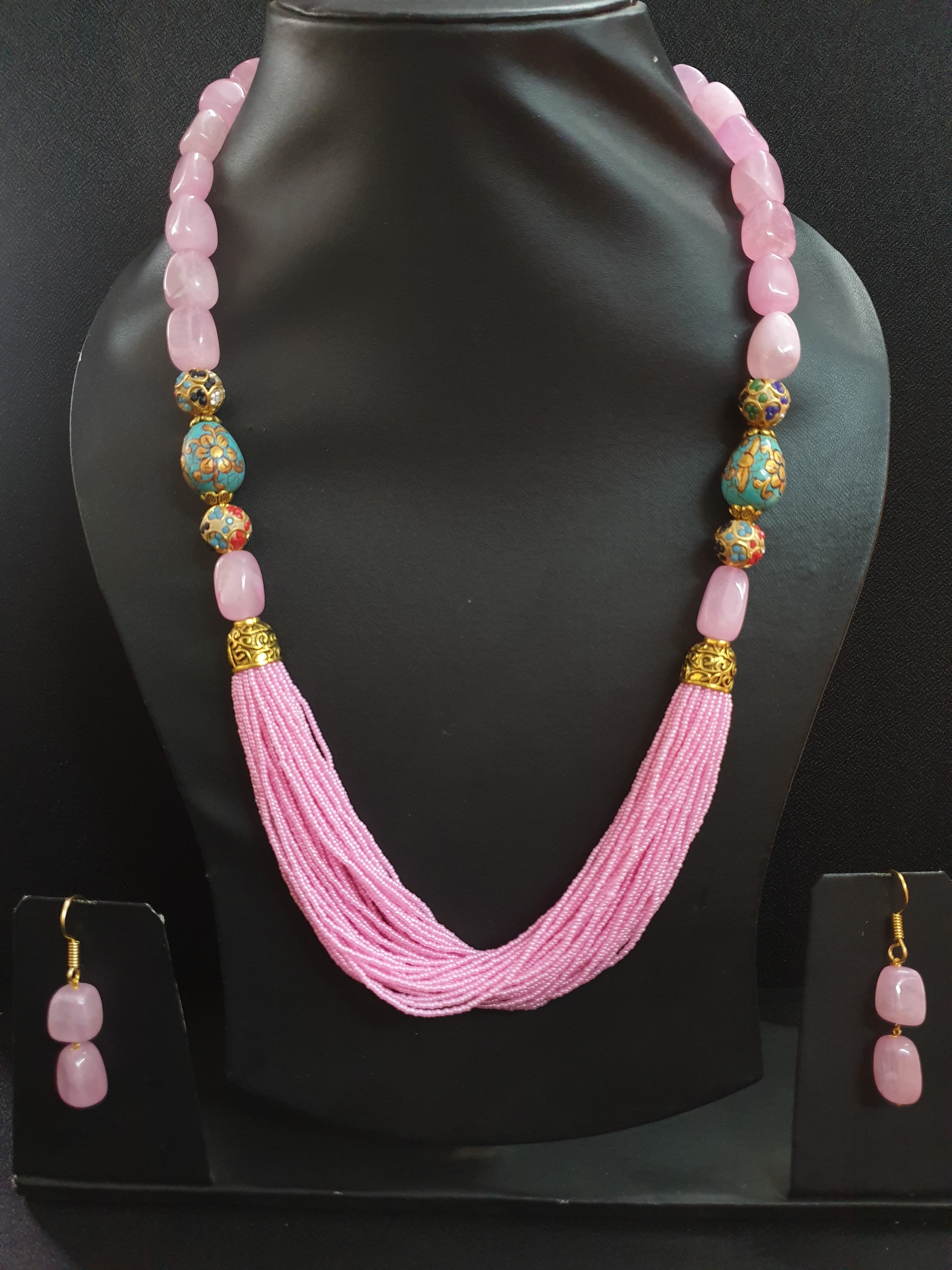 Baby Pink Seed Bead Necklace Set With Turquoise Beads