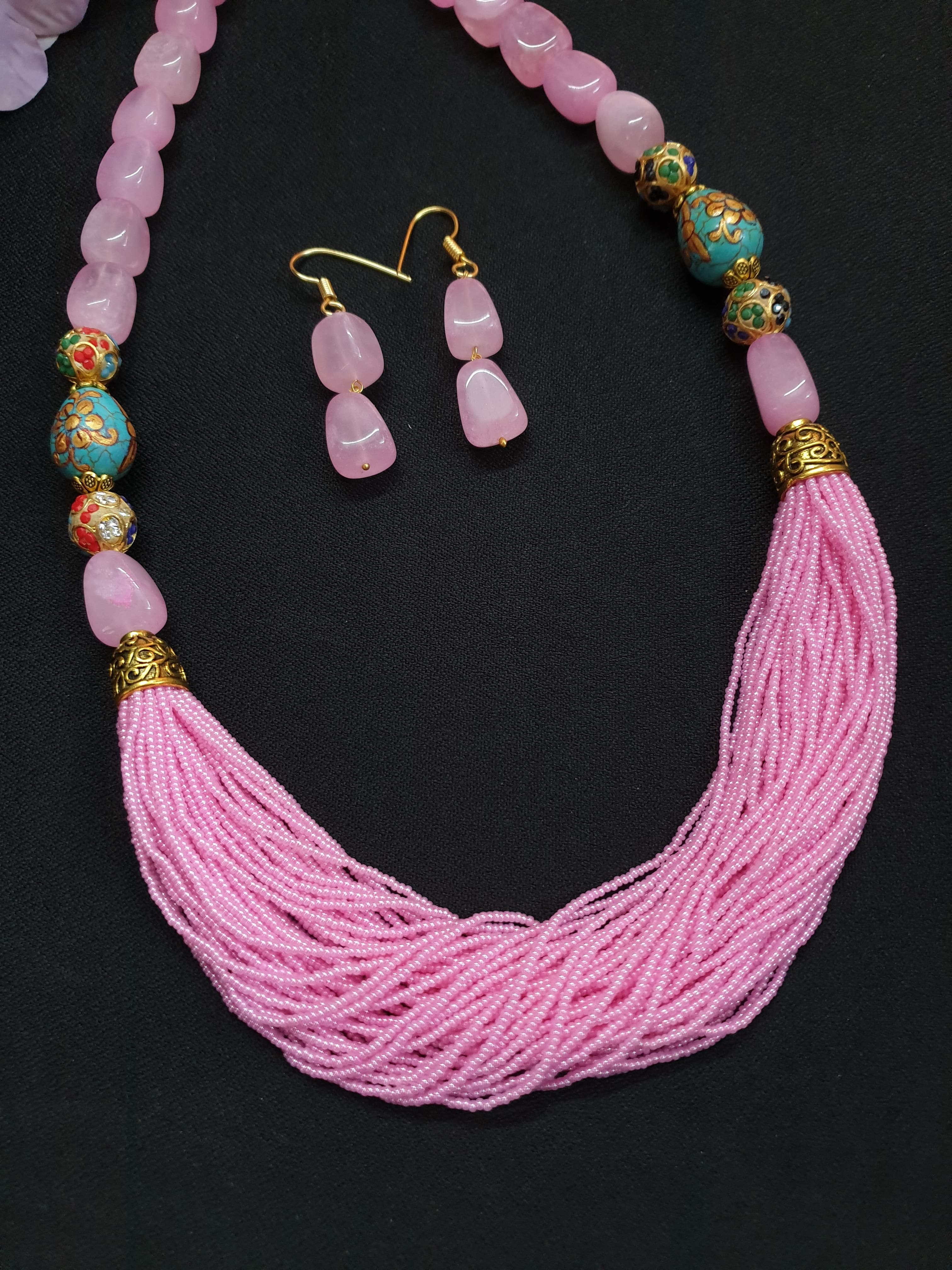 Baby Pink Seed Bead Necklace Set With Turquoise Beads