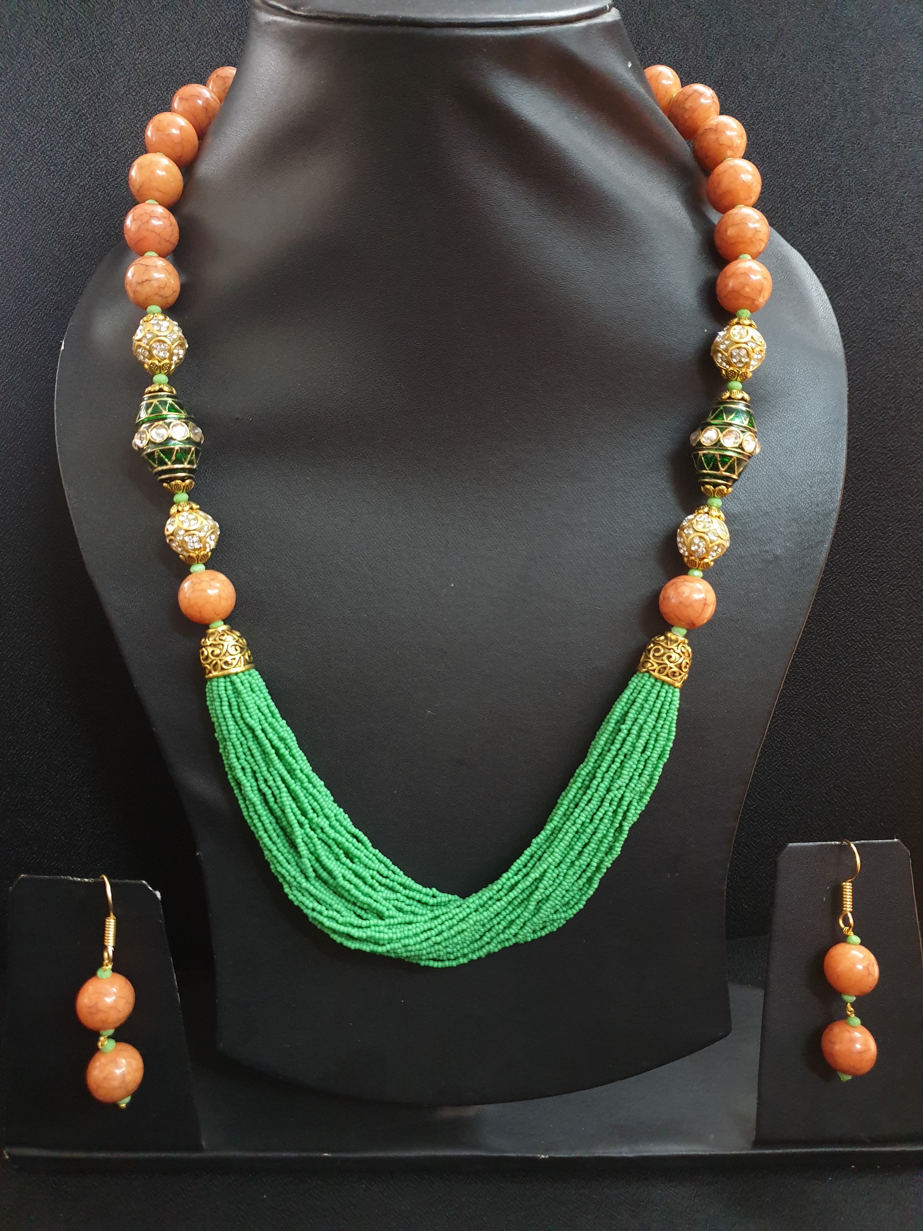 Orange Stone Green Seed Bead Necklace Set