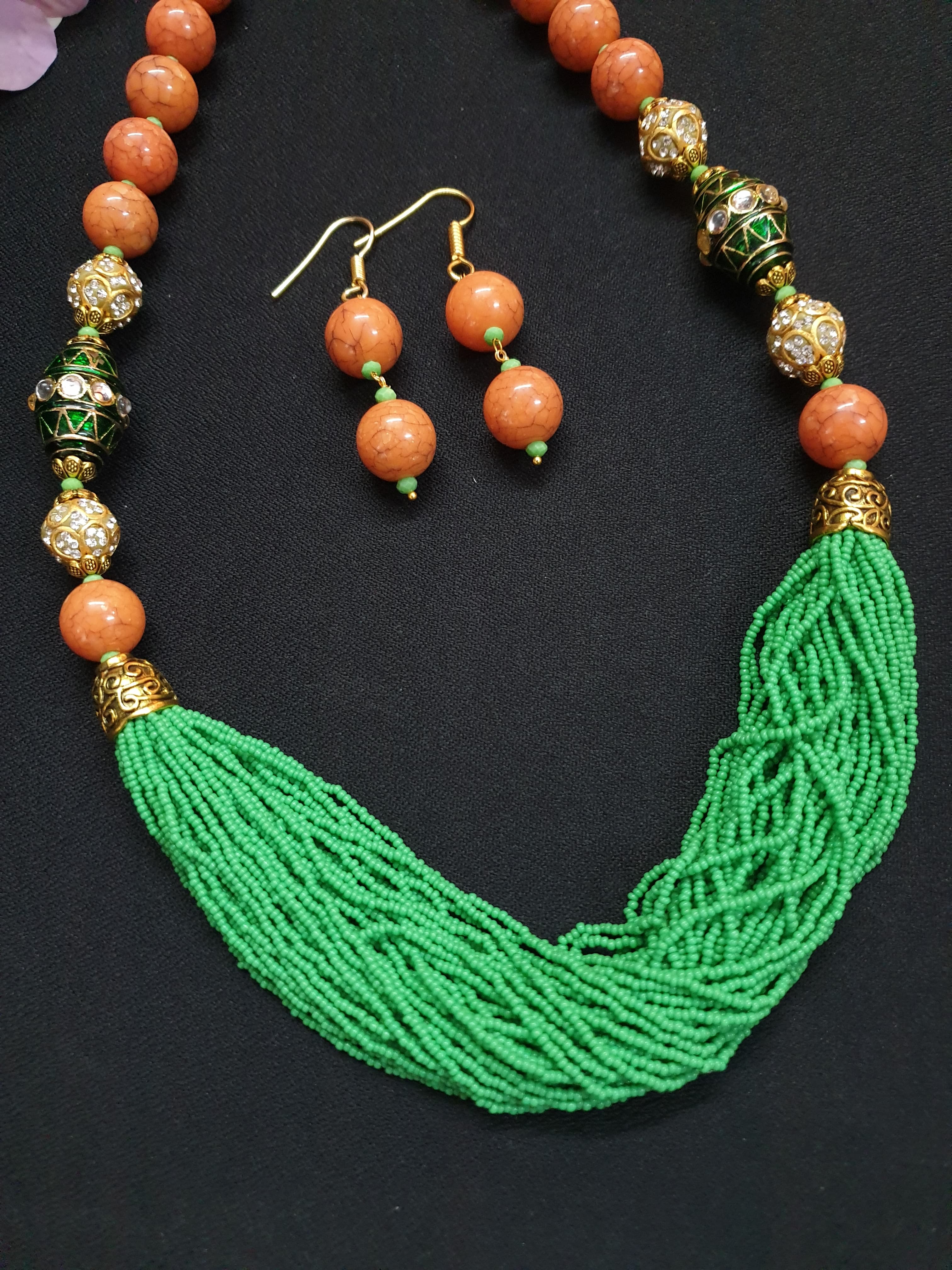 Orange Stone Green Seed Bead Necklace Set