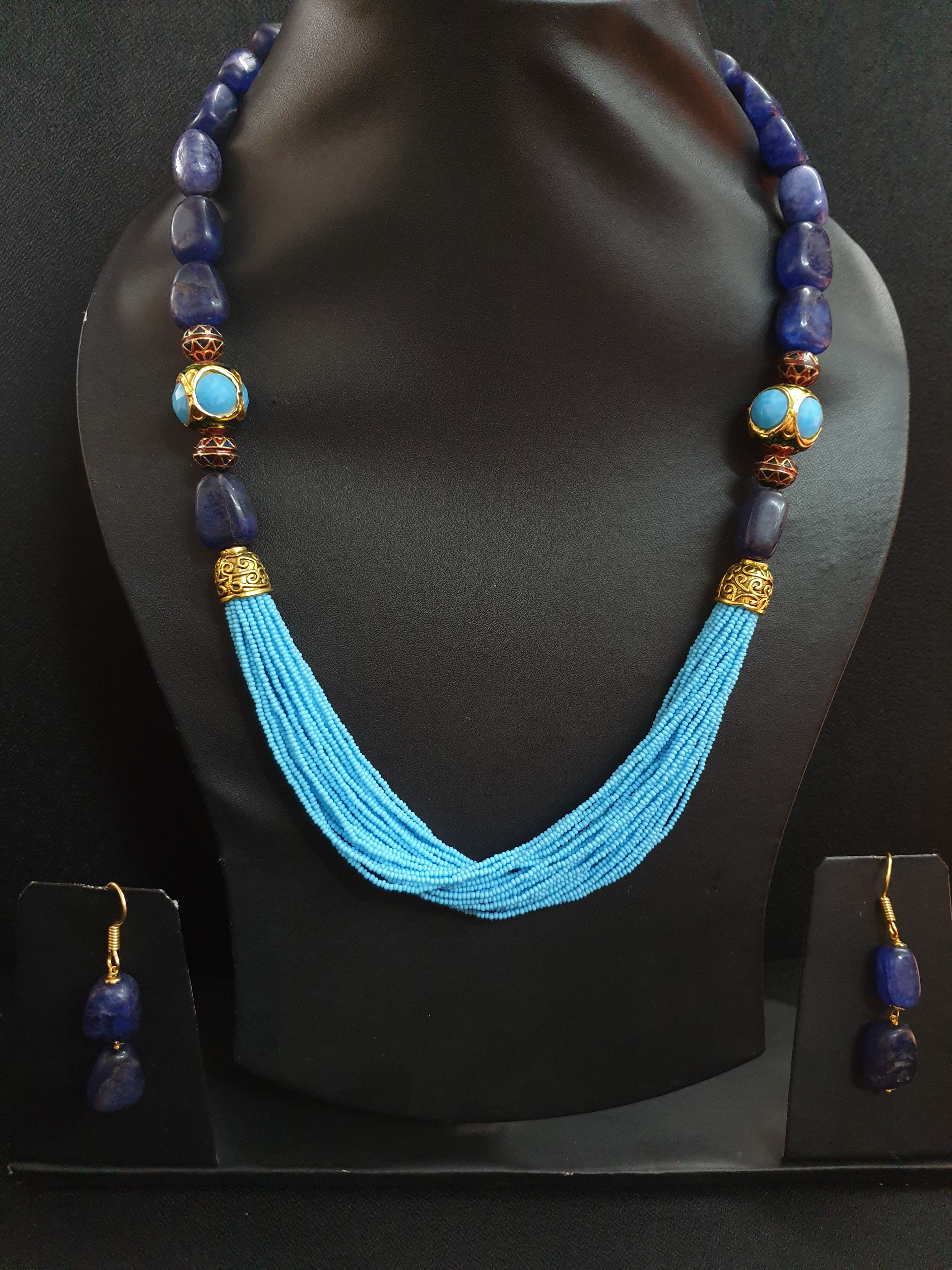 Dark Blue Stone Turquoise Seed Bead Necklace Set