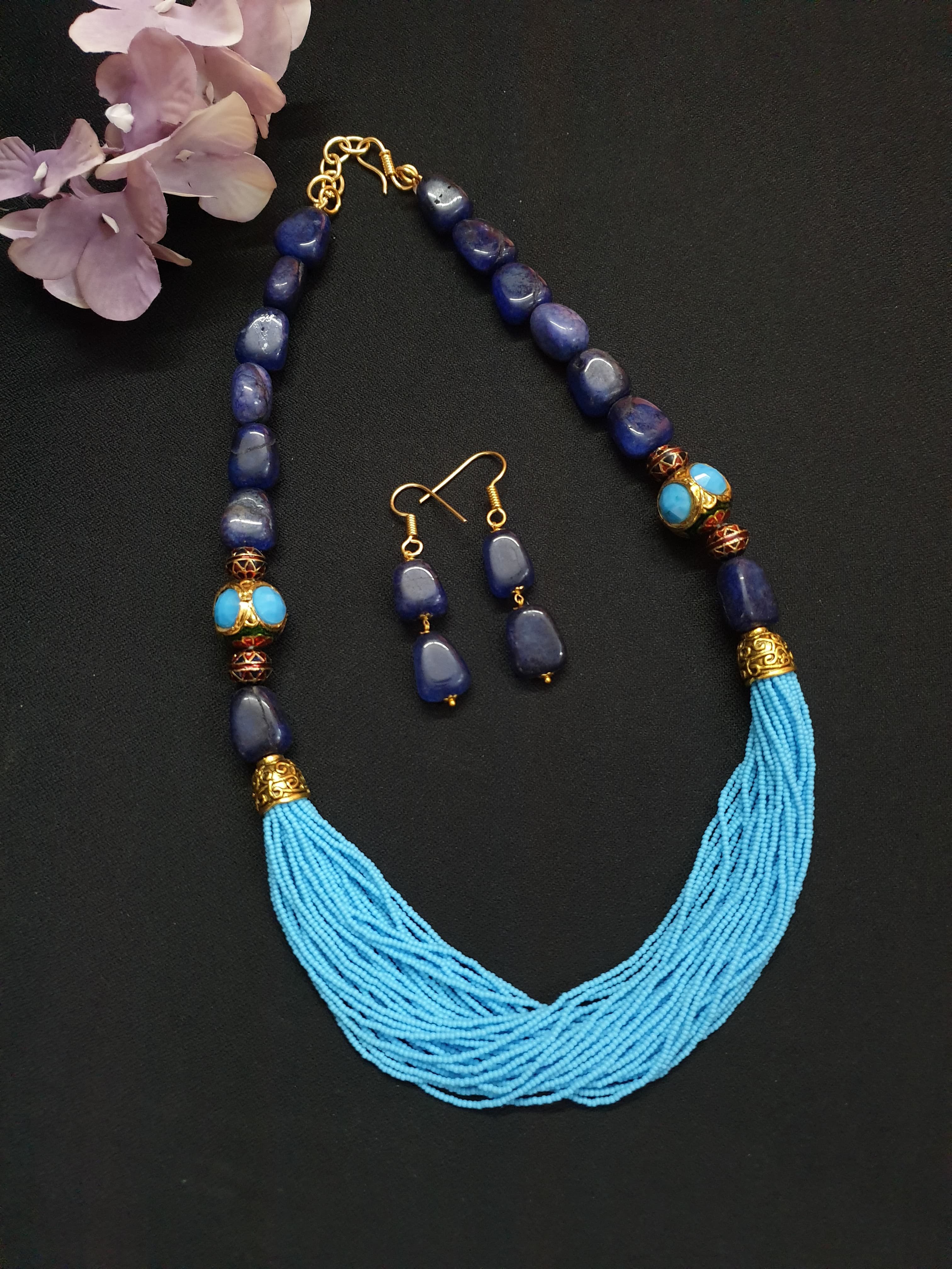 Dark Blue Stone Turquoise Seed Bead Necklace Set