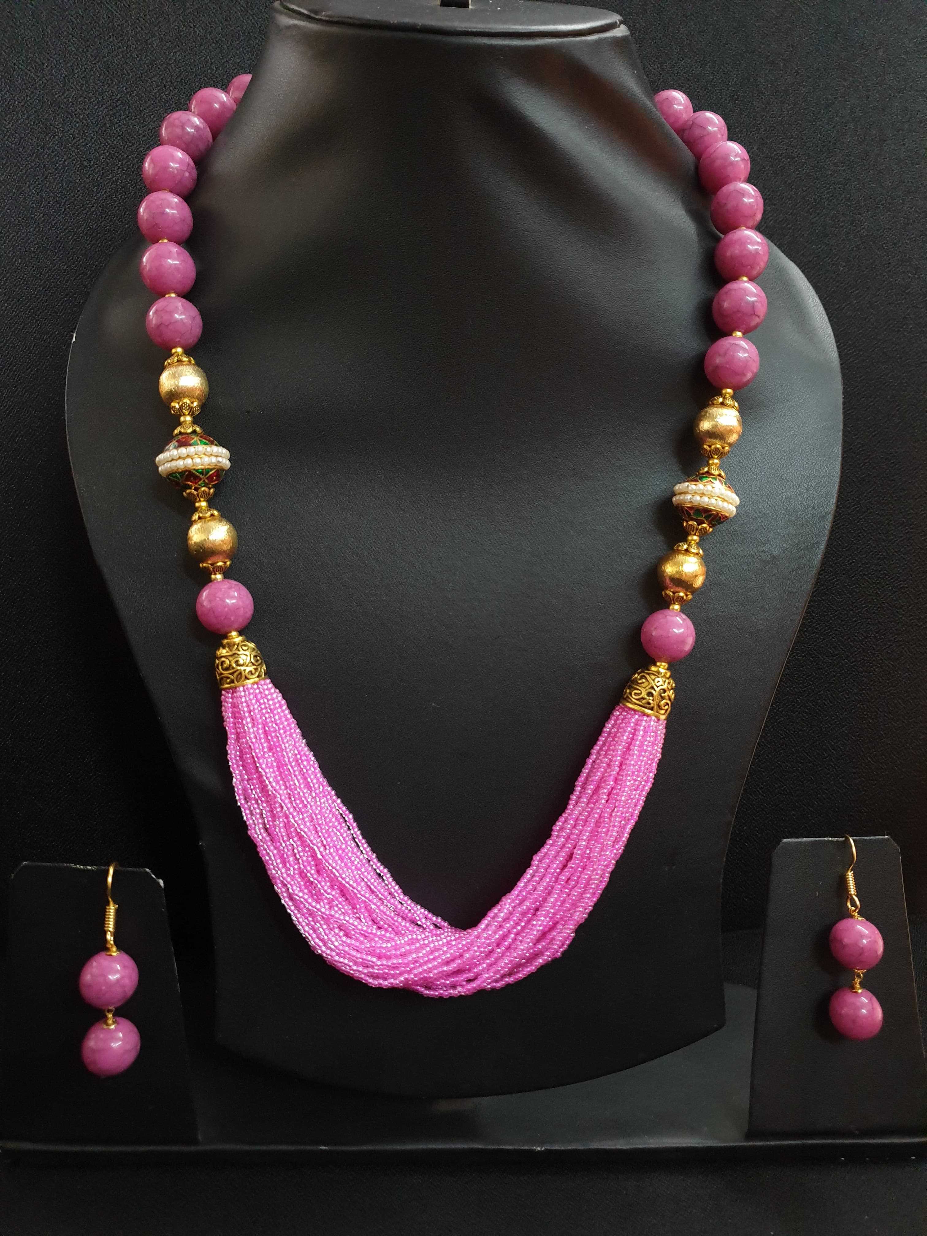 Bright Pink Seed Bead Necklace Set
