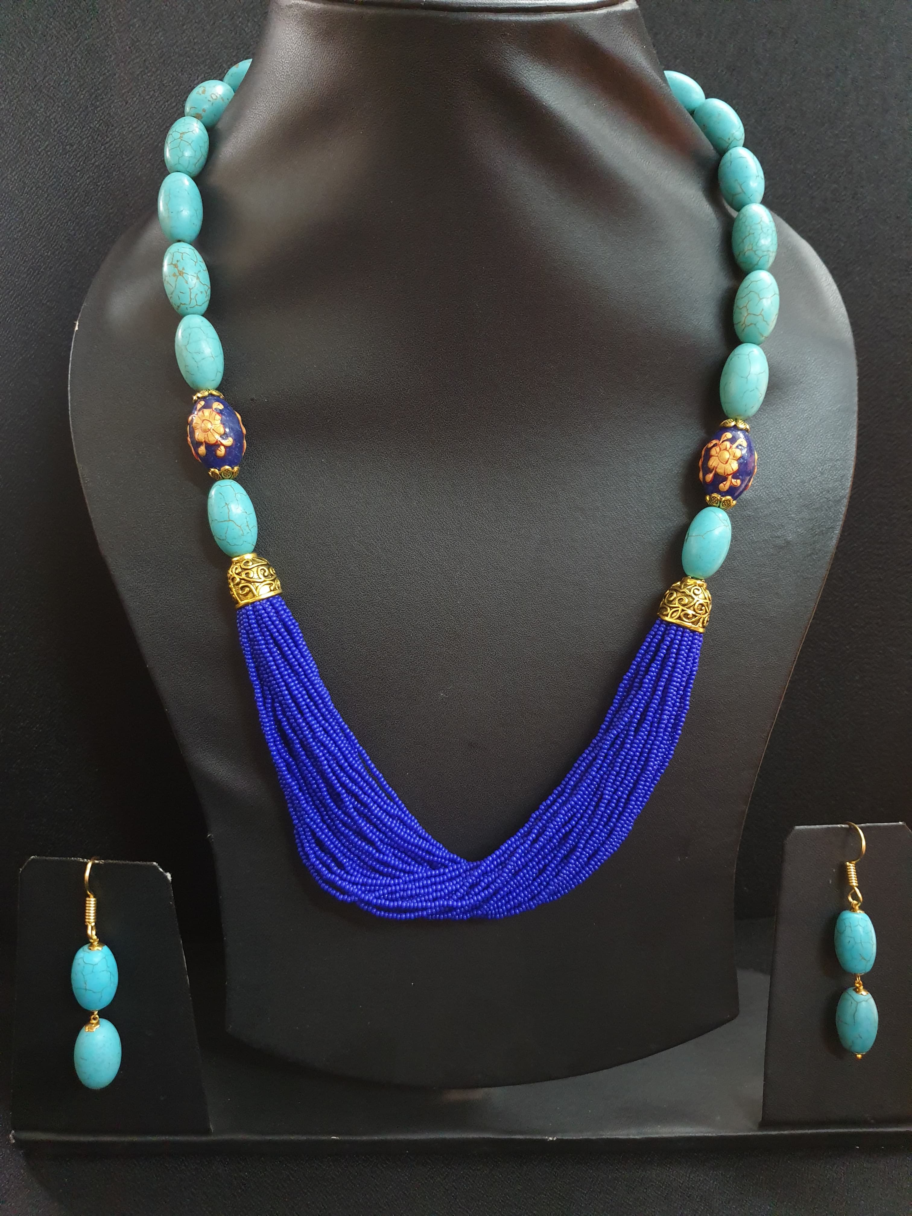 Turquoise Stone Seed Bead Necklace Set