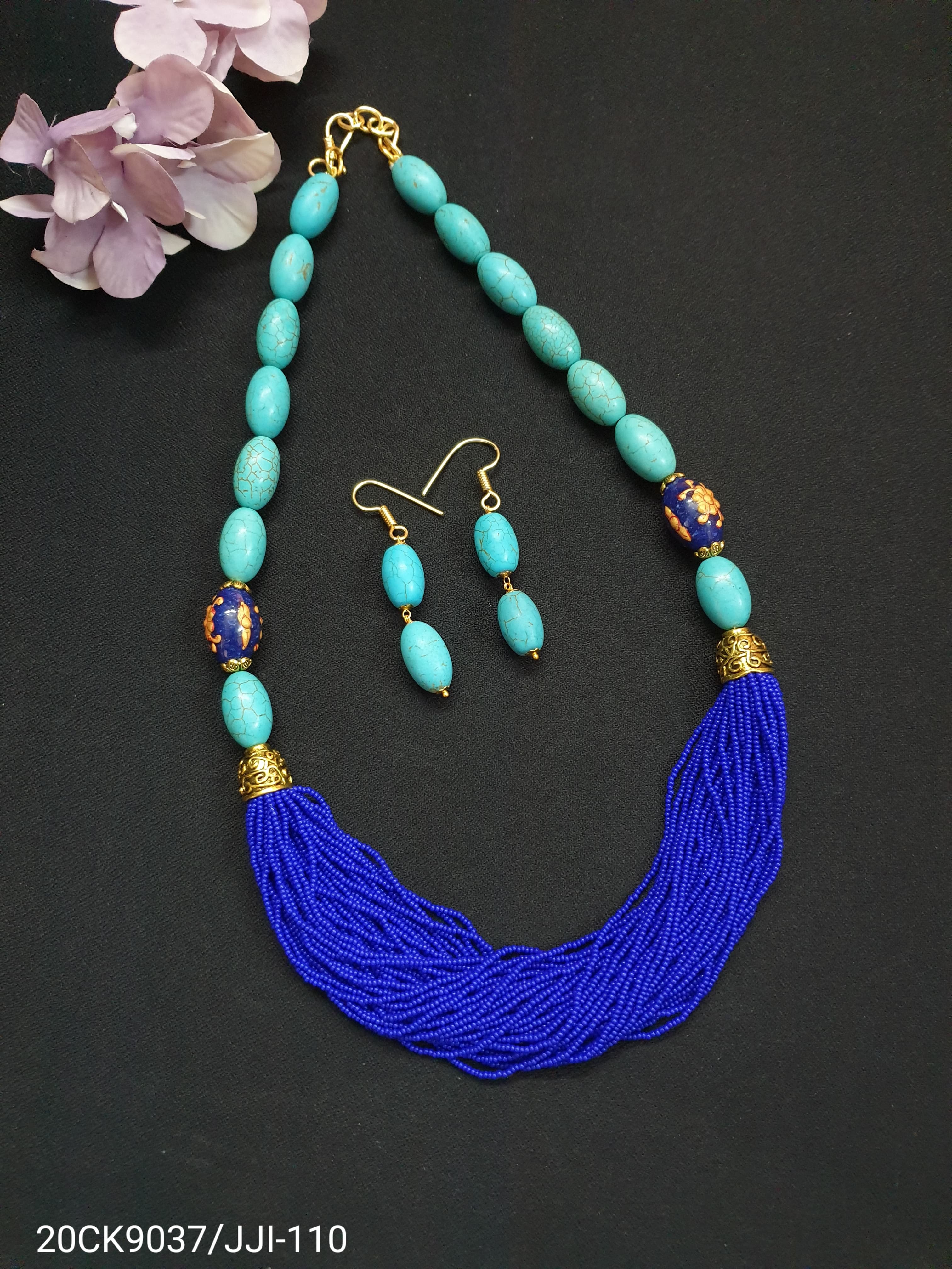 Turquoise Stone Seed Bead Necklace Set