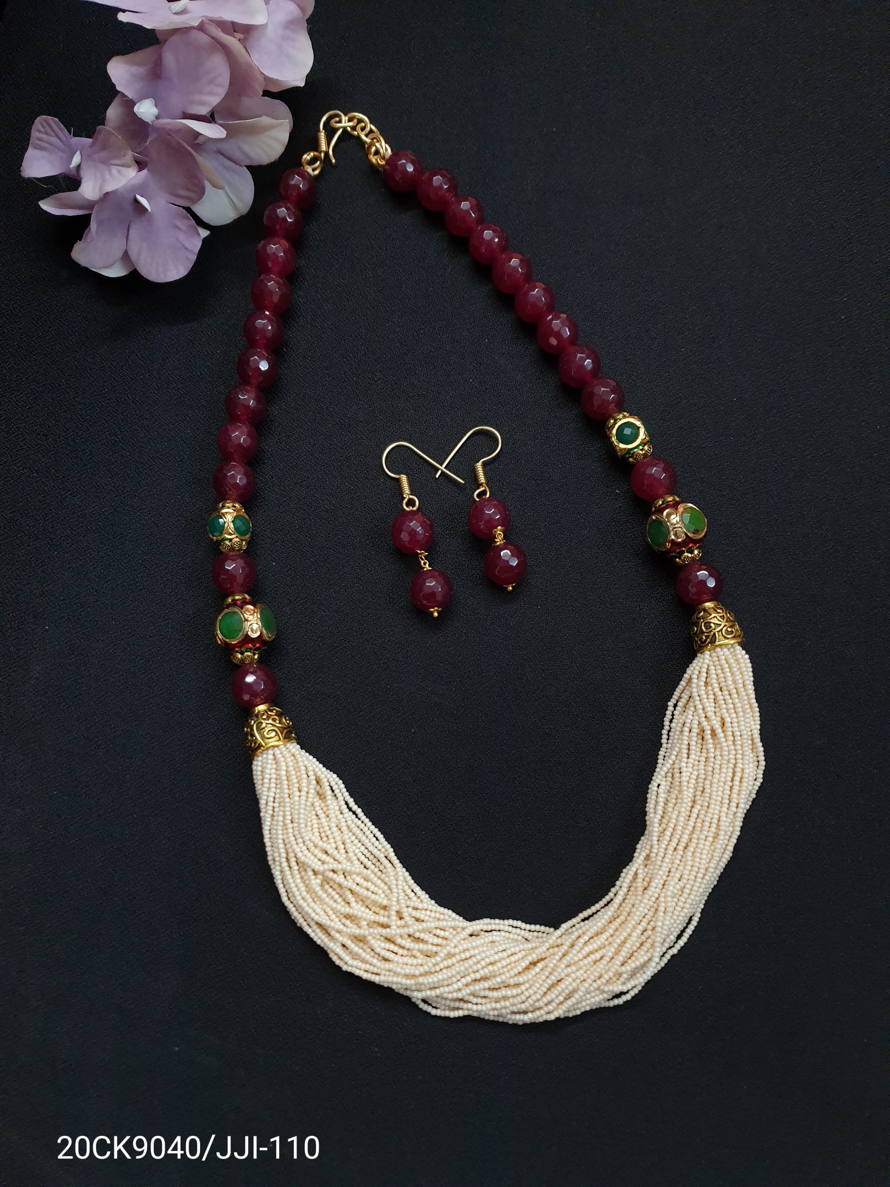 Maroon Stone Pearl Seed Bead Necklace Set