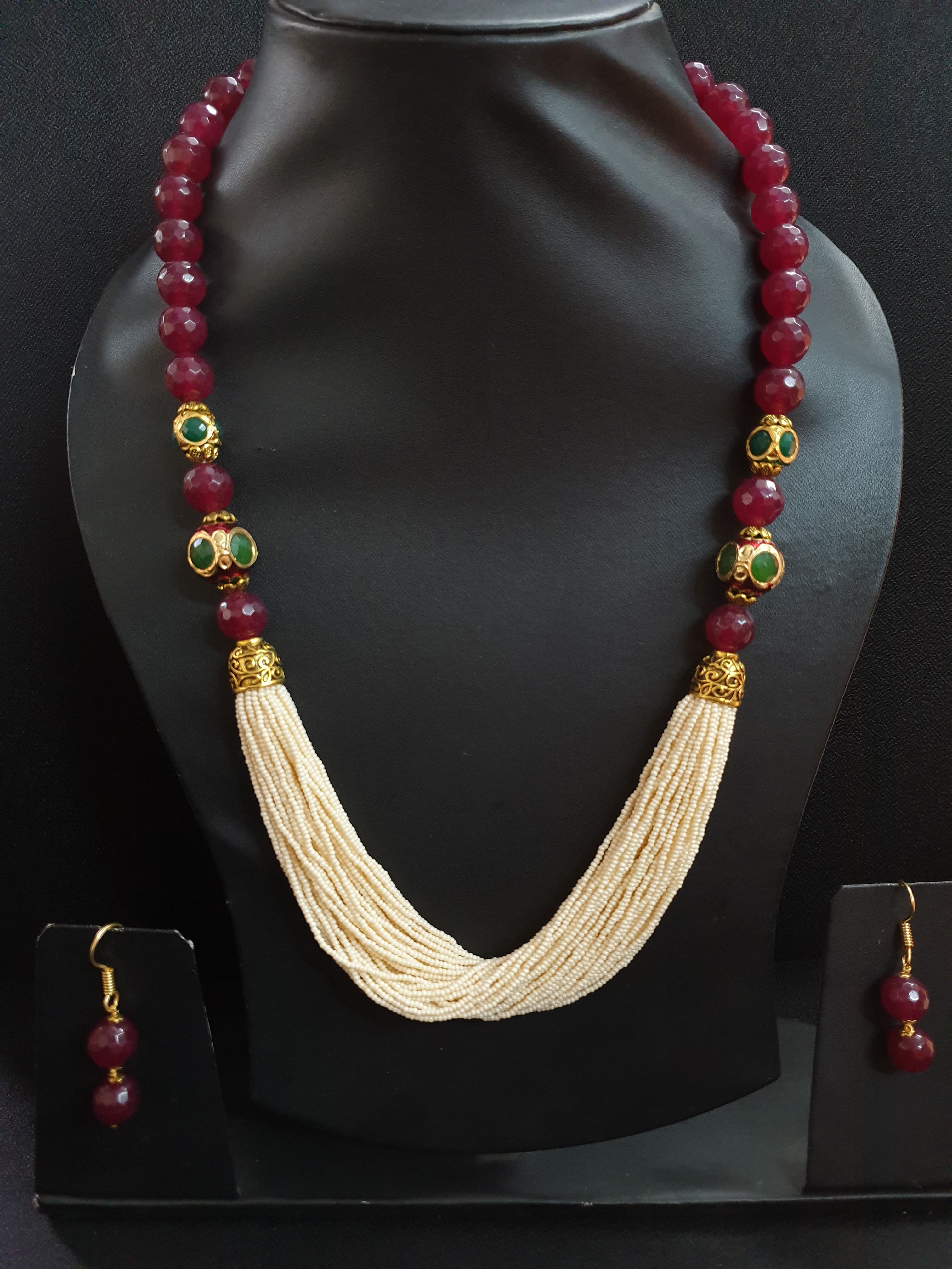 Maroon Stone Pearl Seed Bead Necklace Set