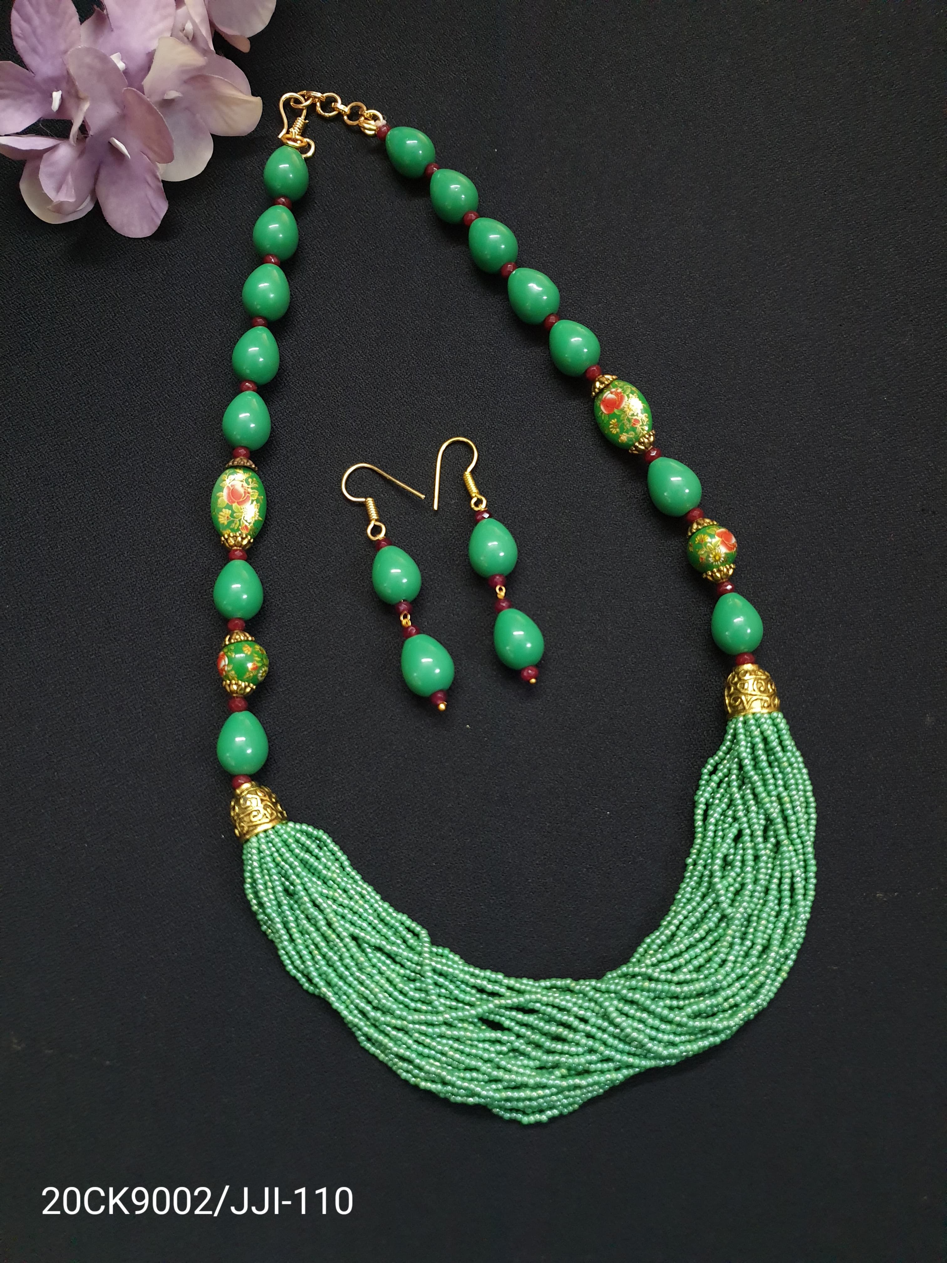 Olive Green Floral Beaded Seed Necklace Set (Copy)