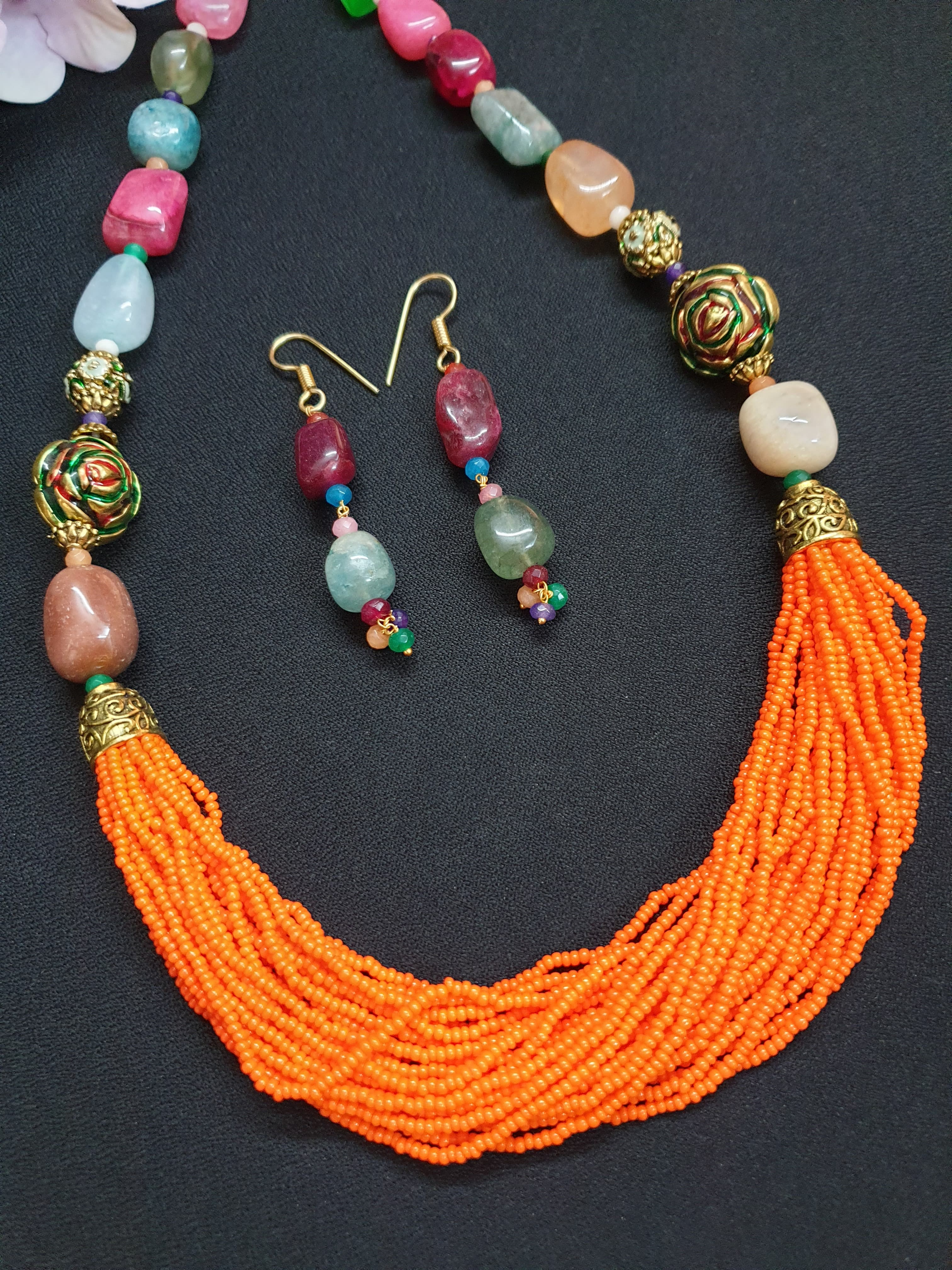 Multicolor Stone Orange Seed Necklace Set
