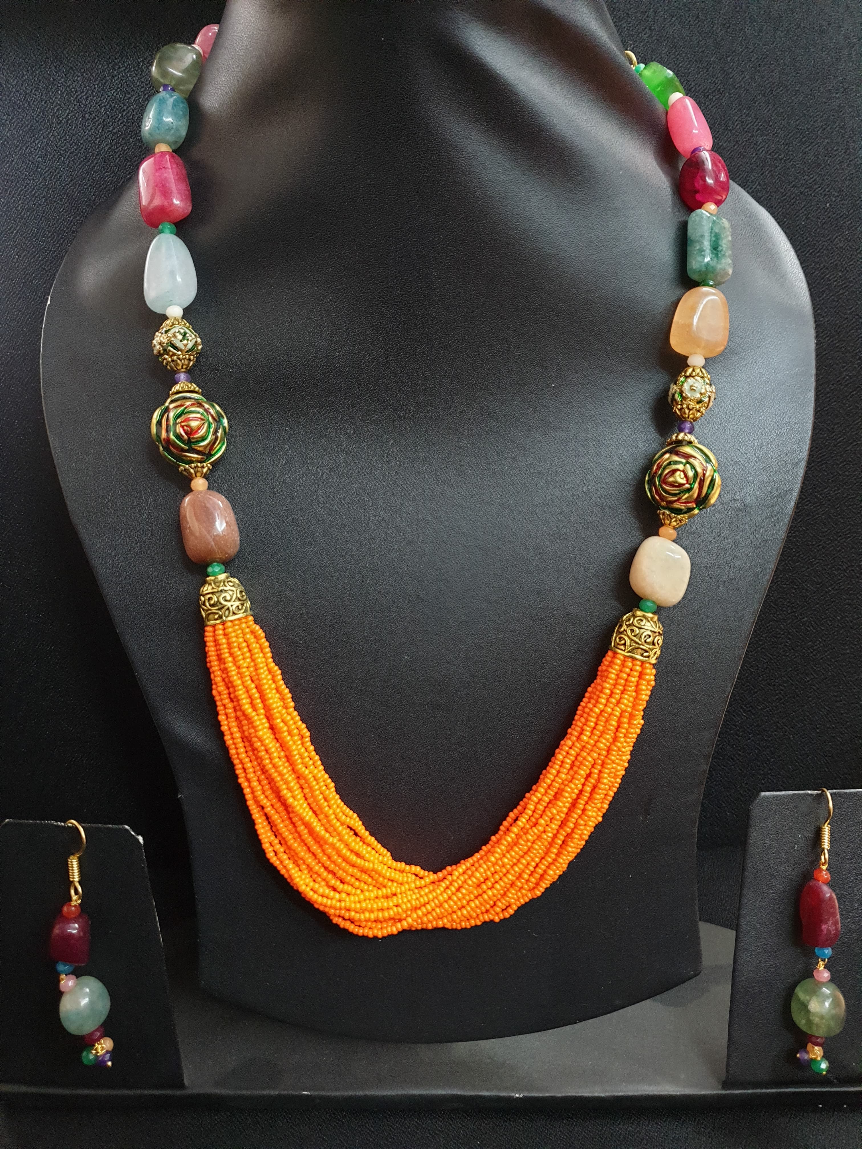 Multicolor Stone Orange Seed Necklace Set