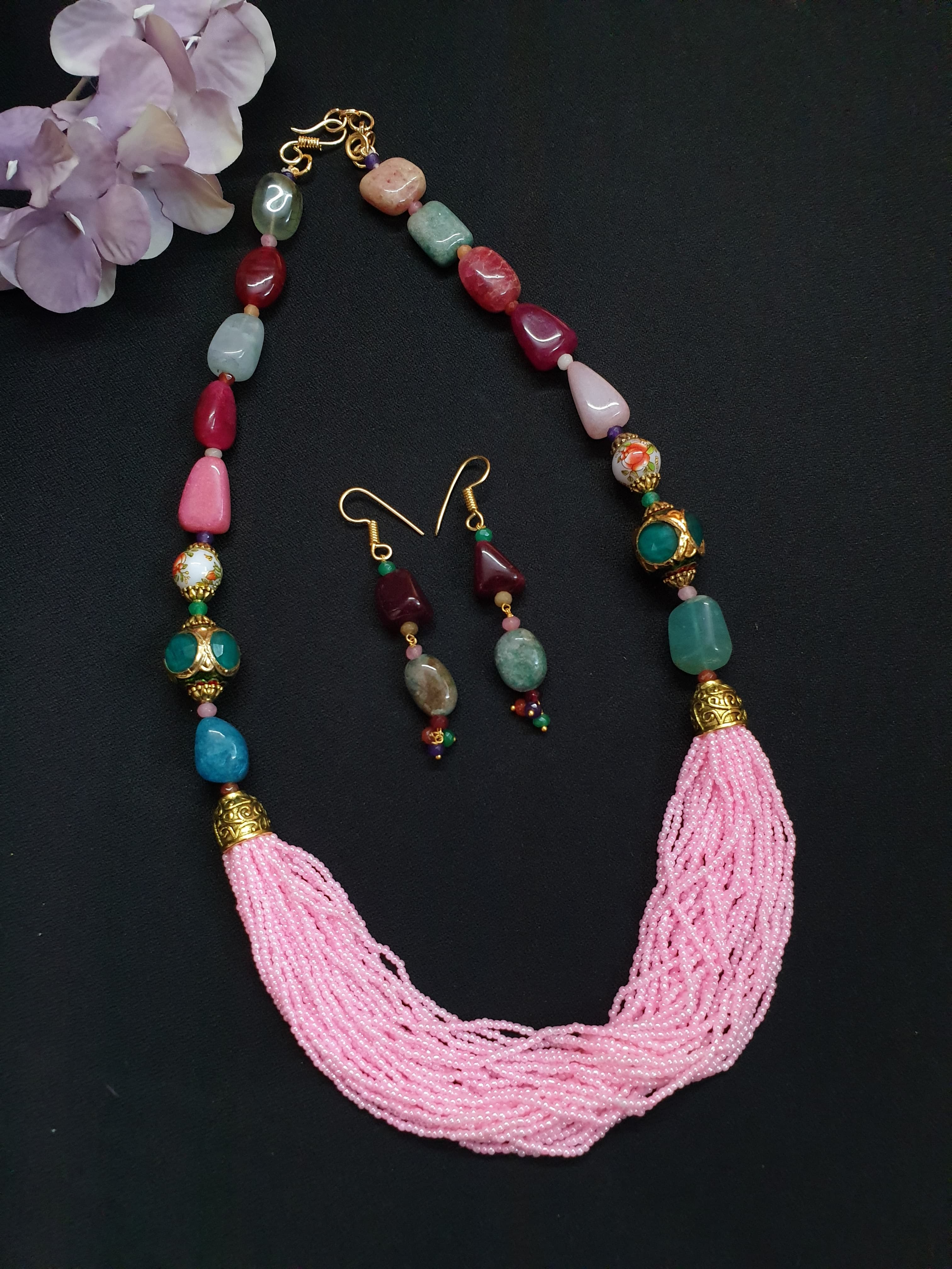 Multicolor Stone Light Pink Seed Necklace Set