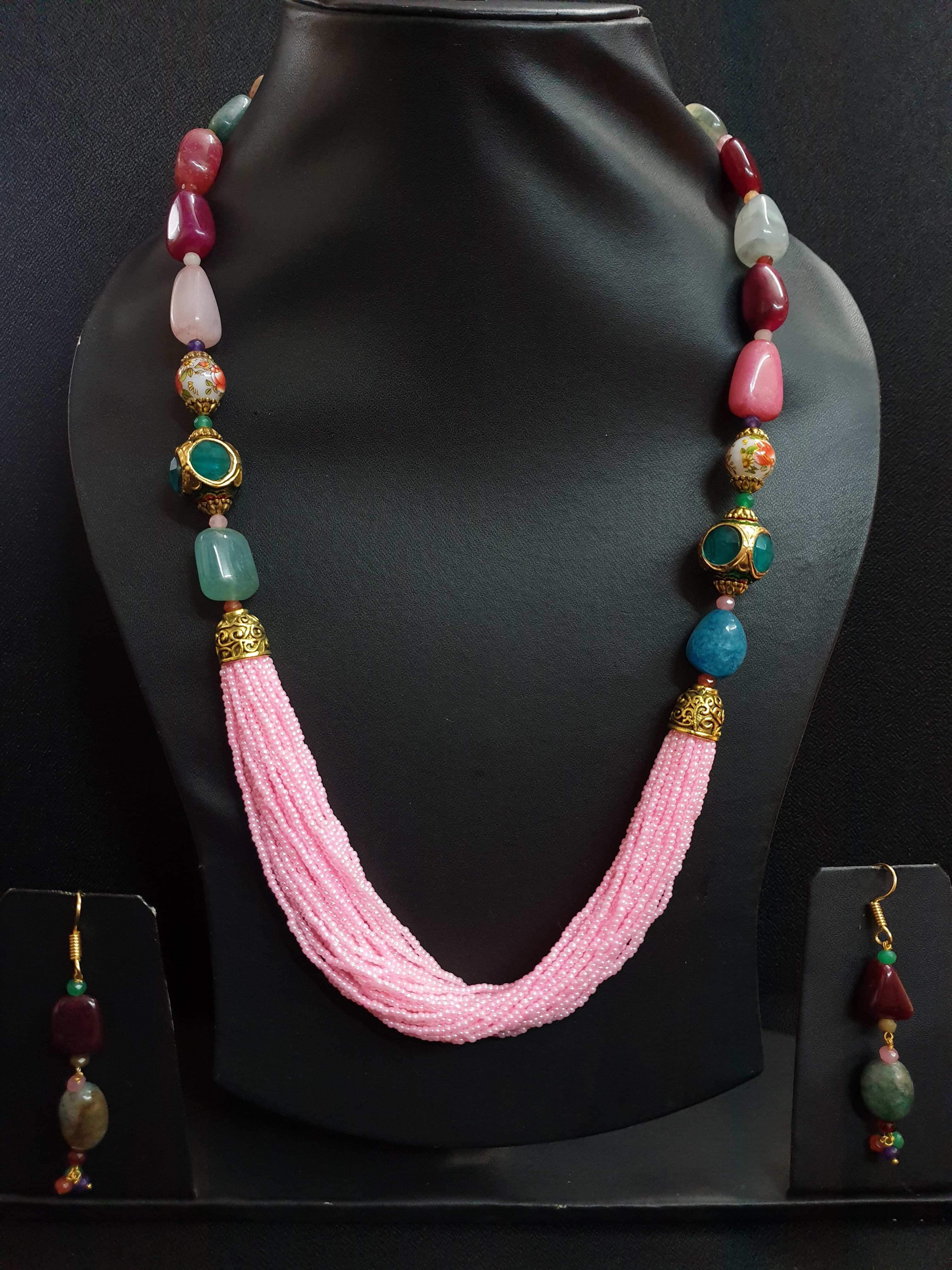 Multicolor Stone Light Pink Seed Necklace Set