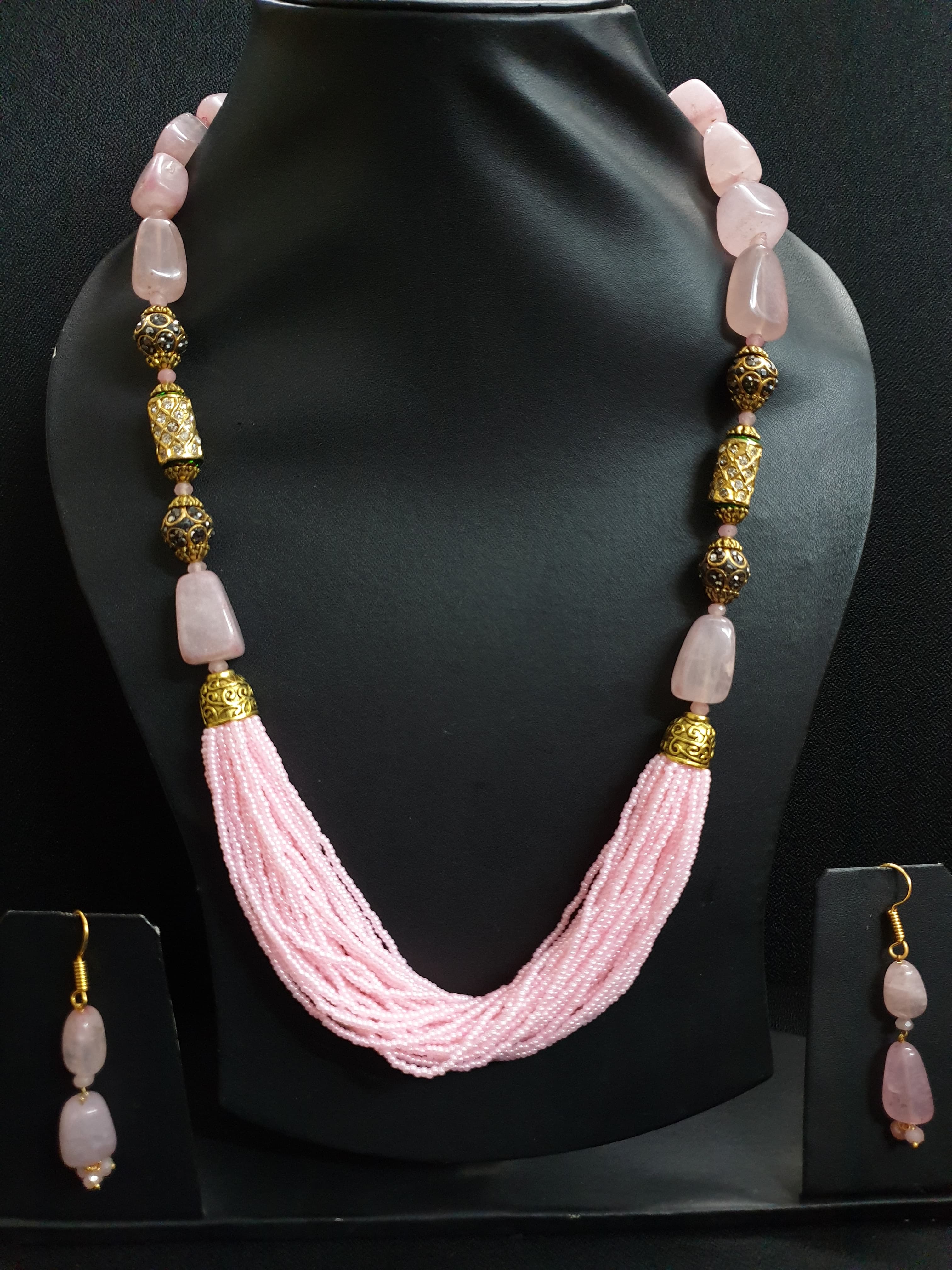 Light Pink Seed Beaded Stone Necklace Set