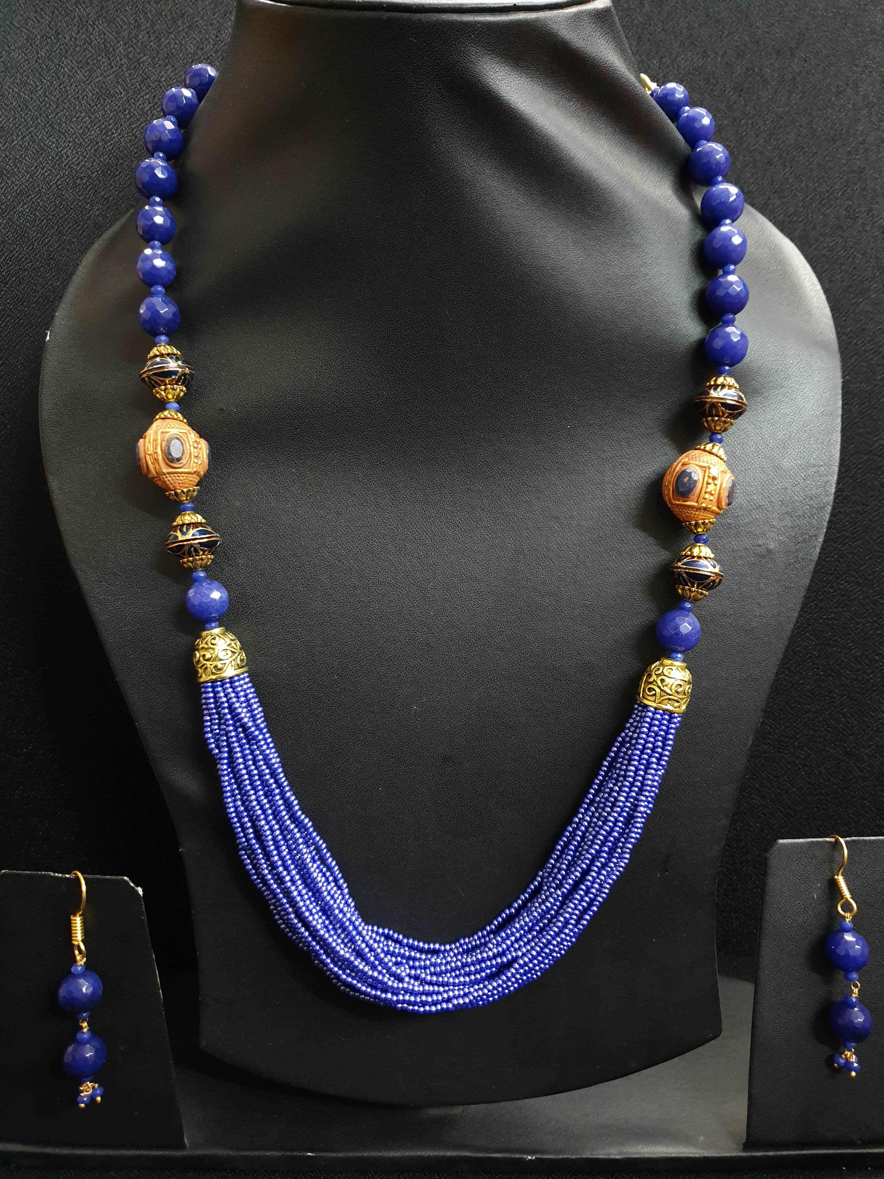 Dark Blue Beaded Stone Necklace Set