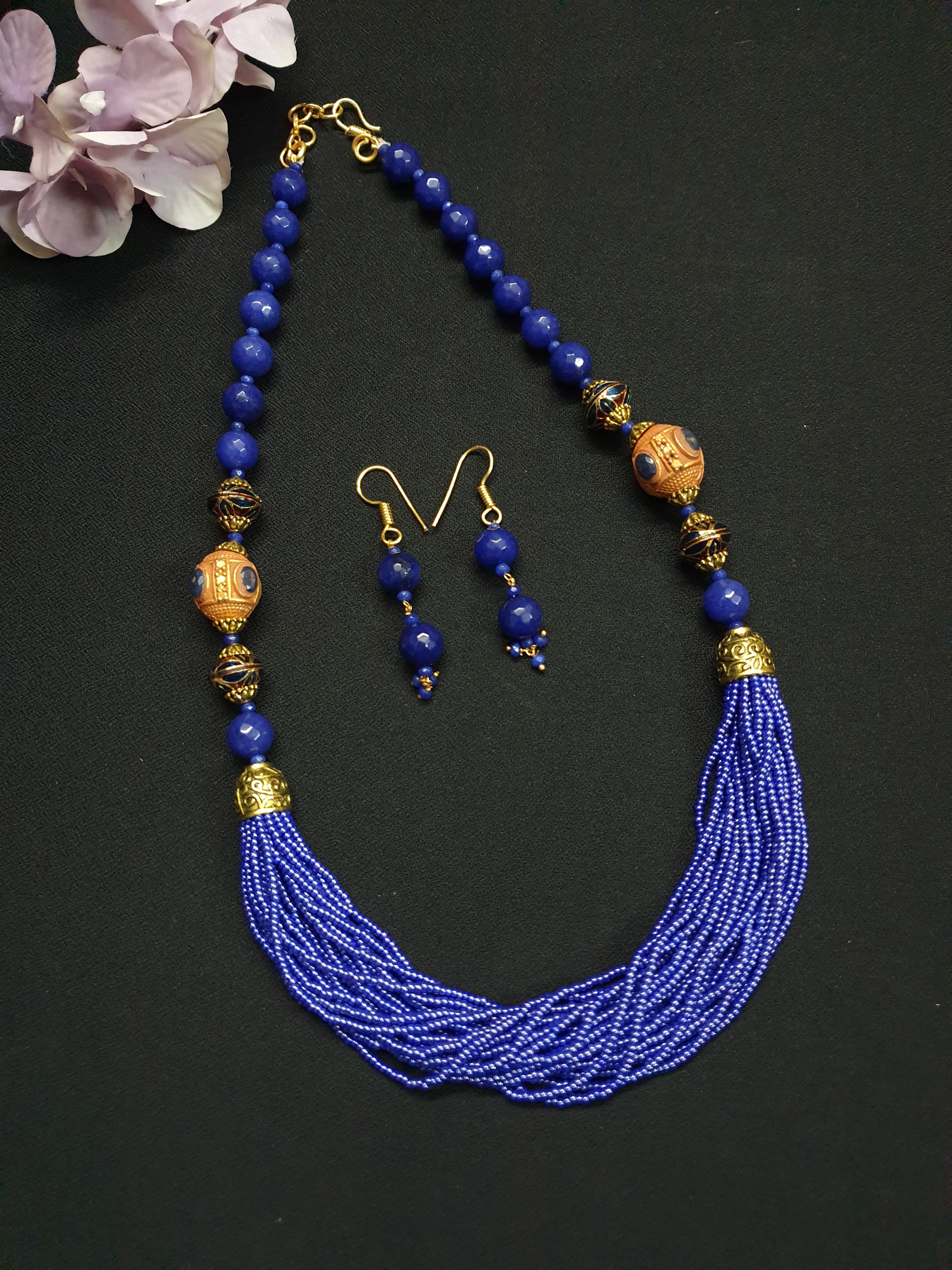 Dark Blue Beaded Stone Necklace Set