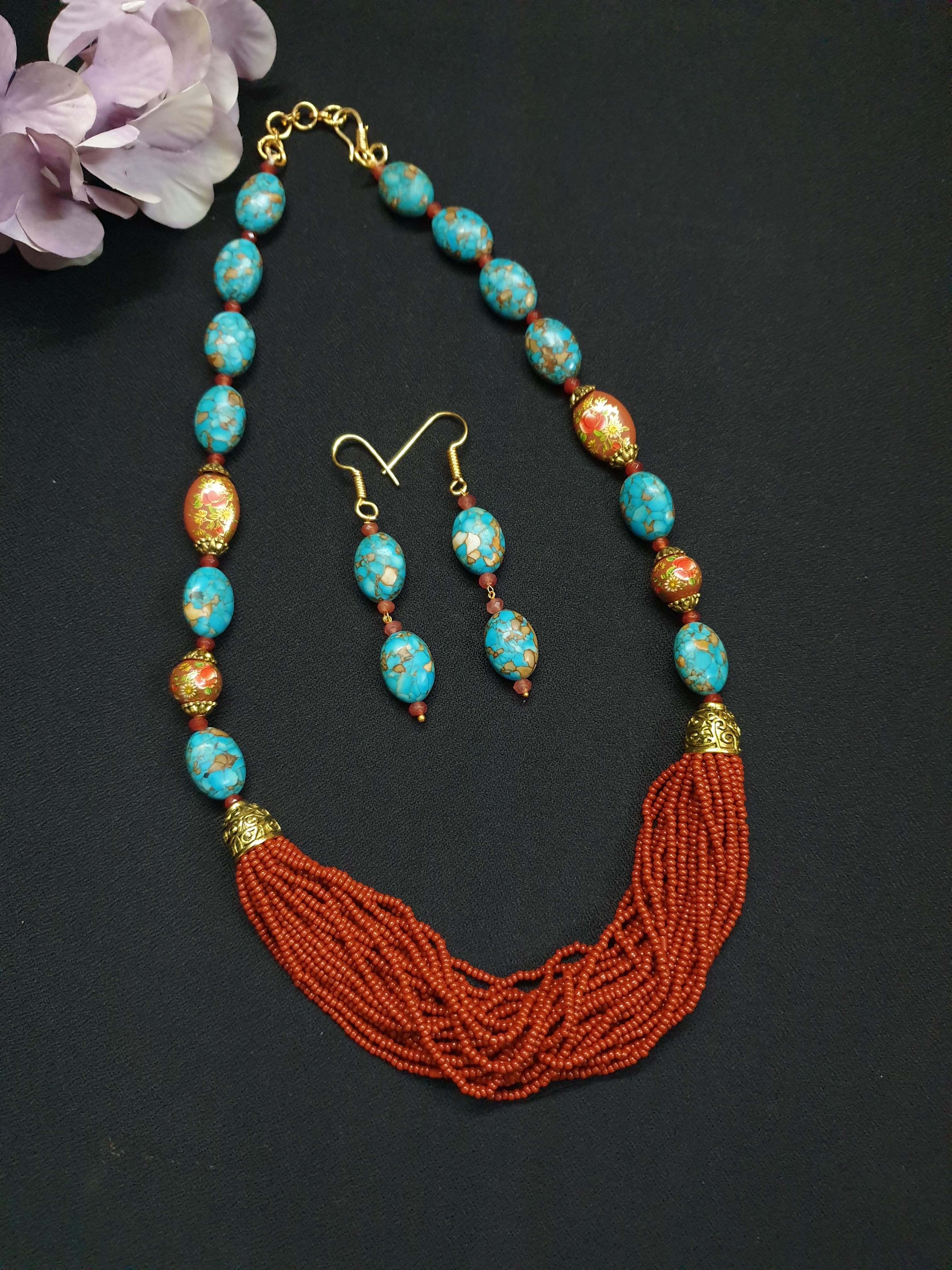Turquoise Stone Brown Seed Bead Necklace Set