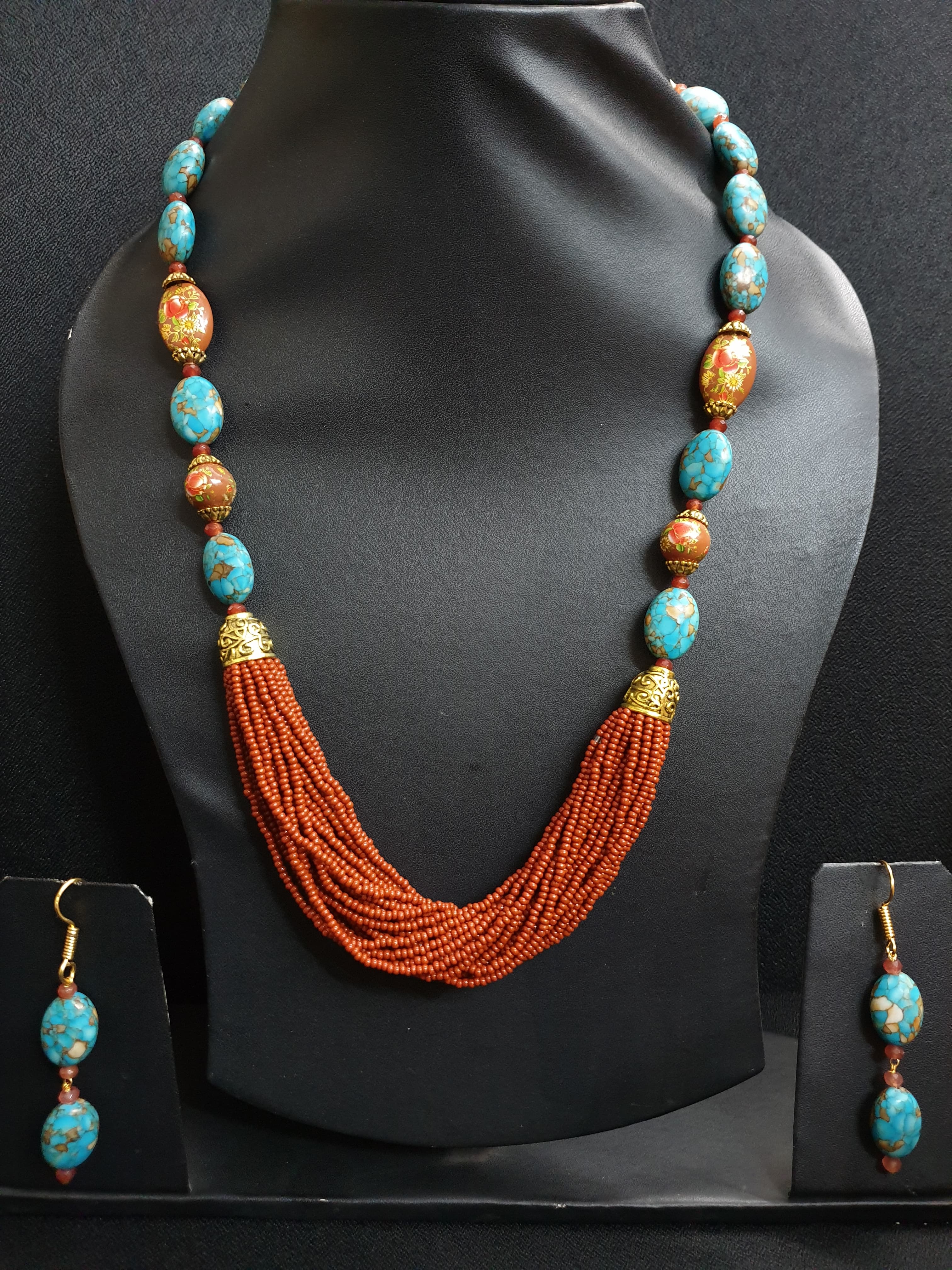 Turquoise Stone Brown Seed Bead Necklace Set
