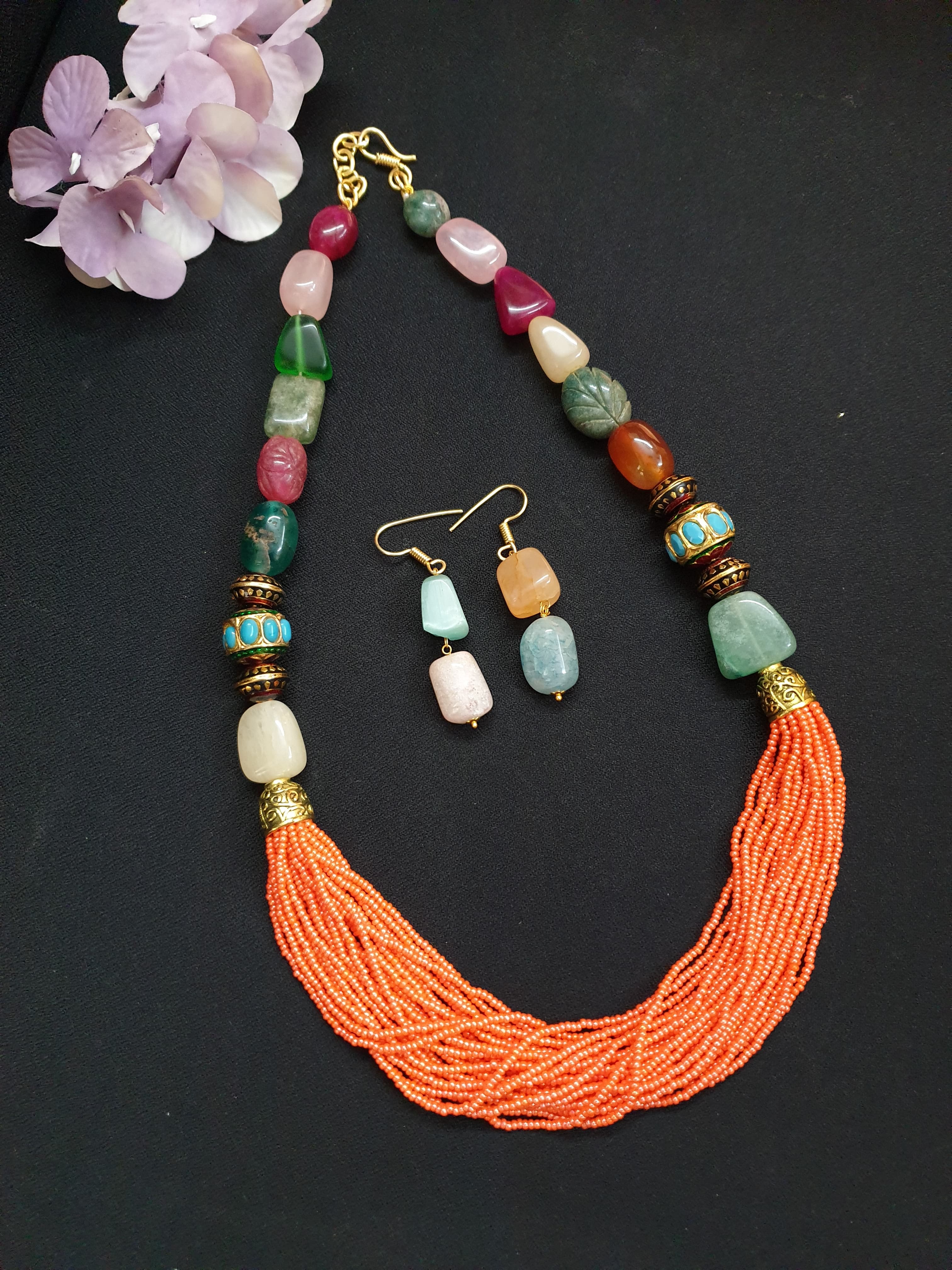 Peach Seed Bead Necklace Set