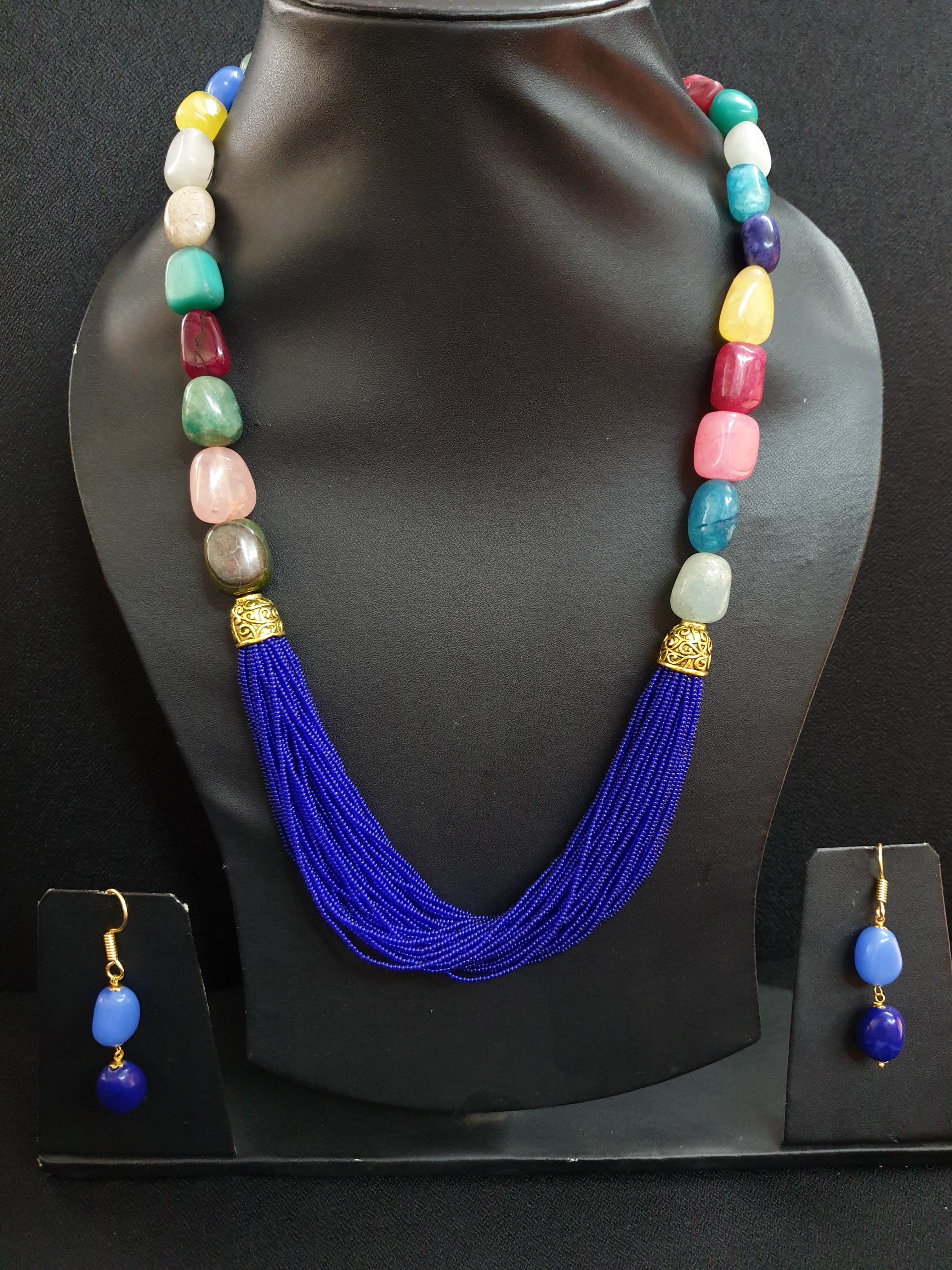 Multicolor Stone Blue Seed Bead Necklace Set