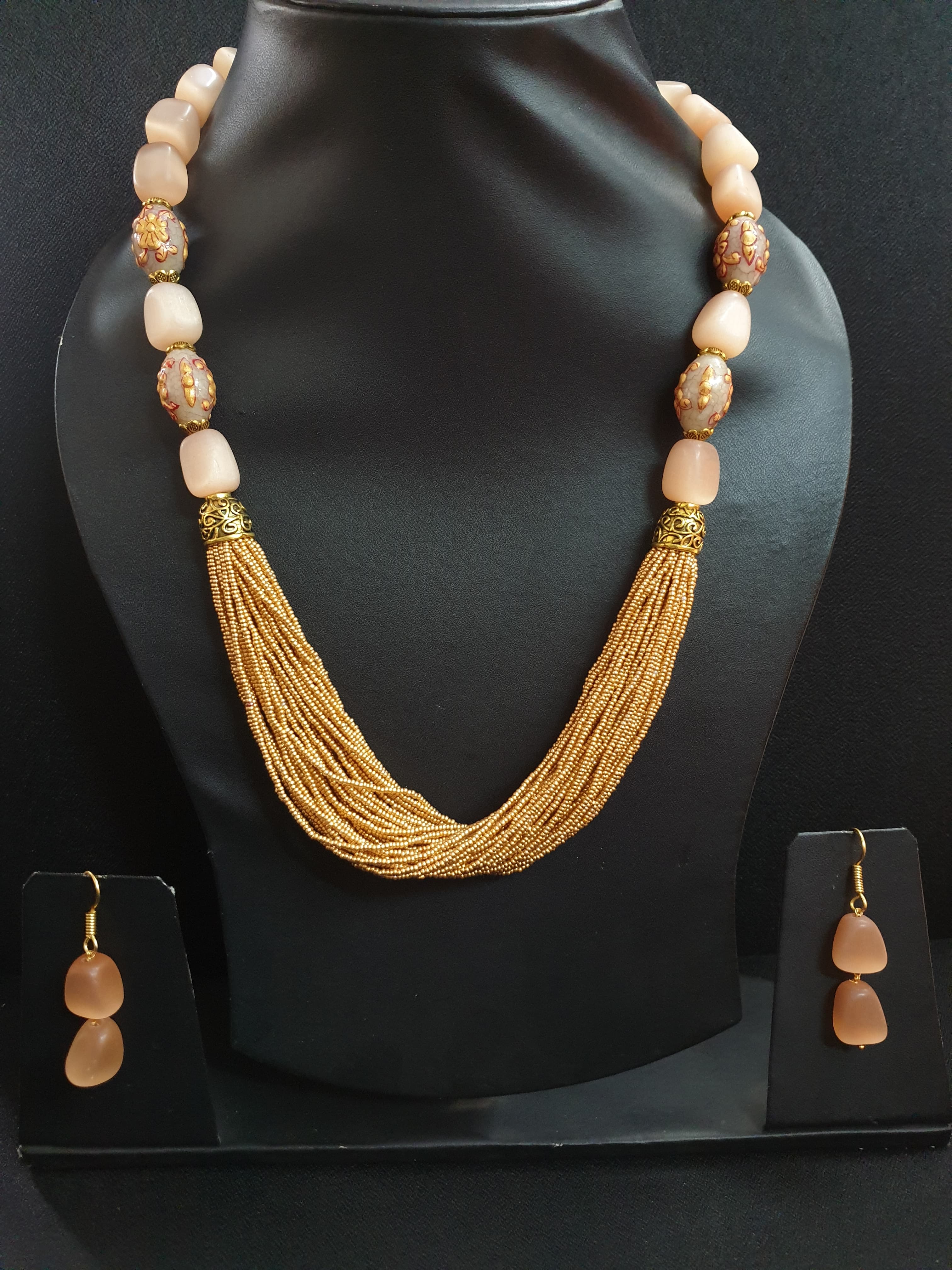 Handpainted Stones Golden Seed Bead Necklace Set