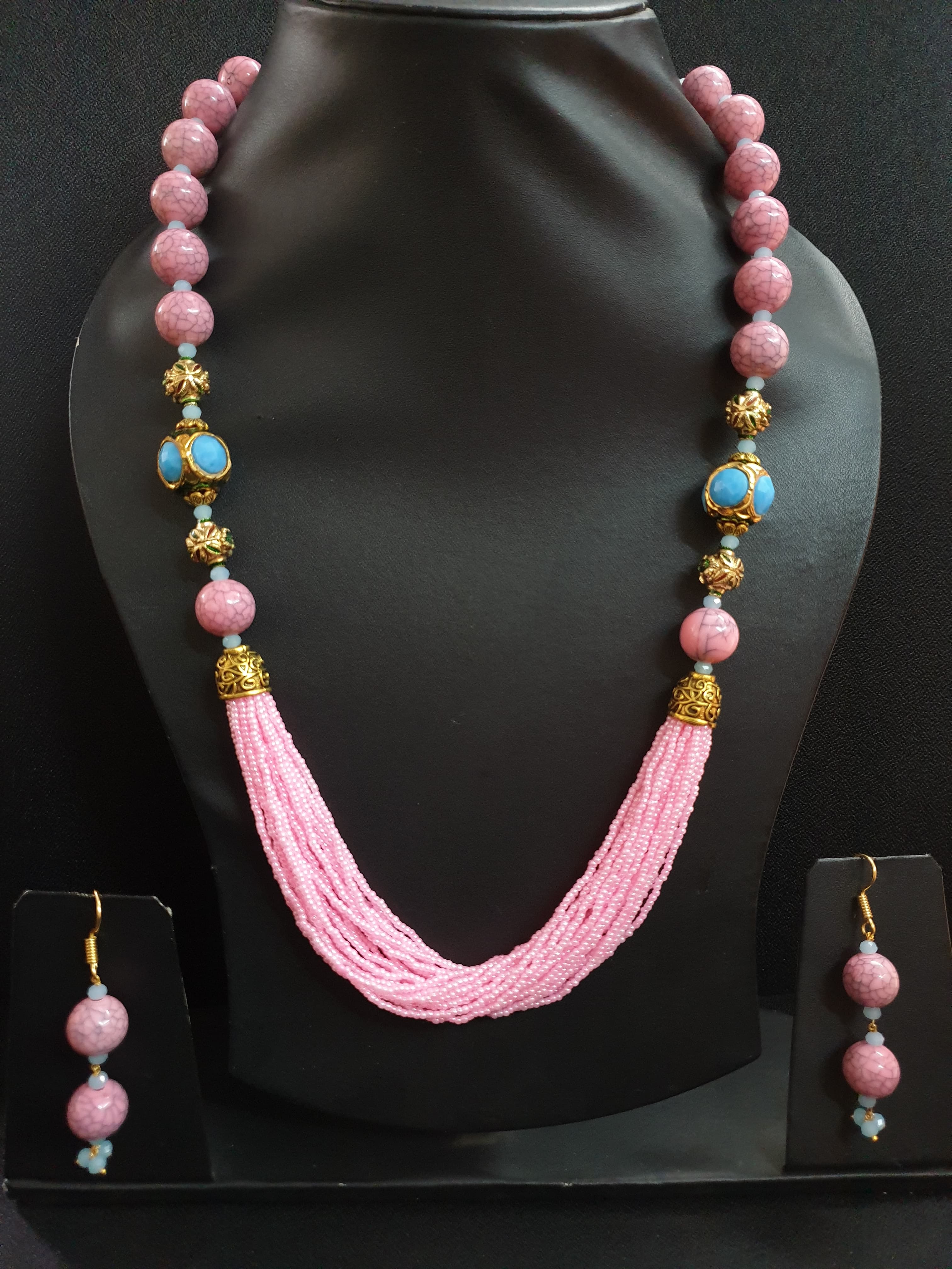 Turquoise Stone Pink Seed Bead Necklace Set