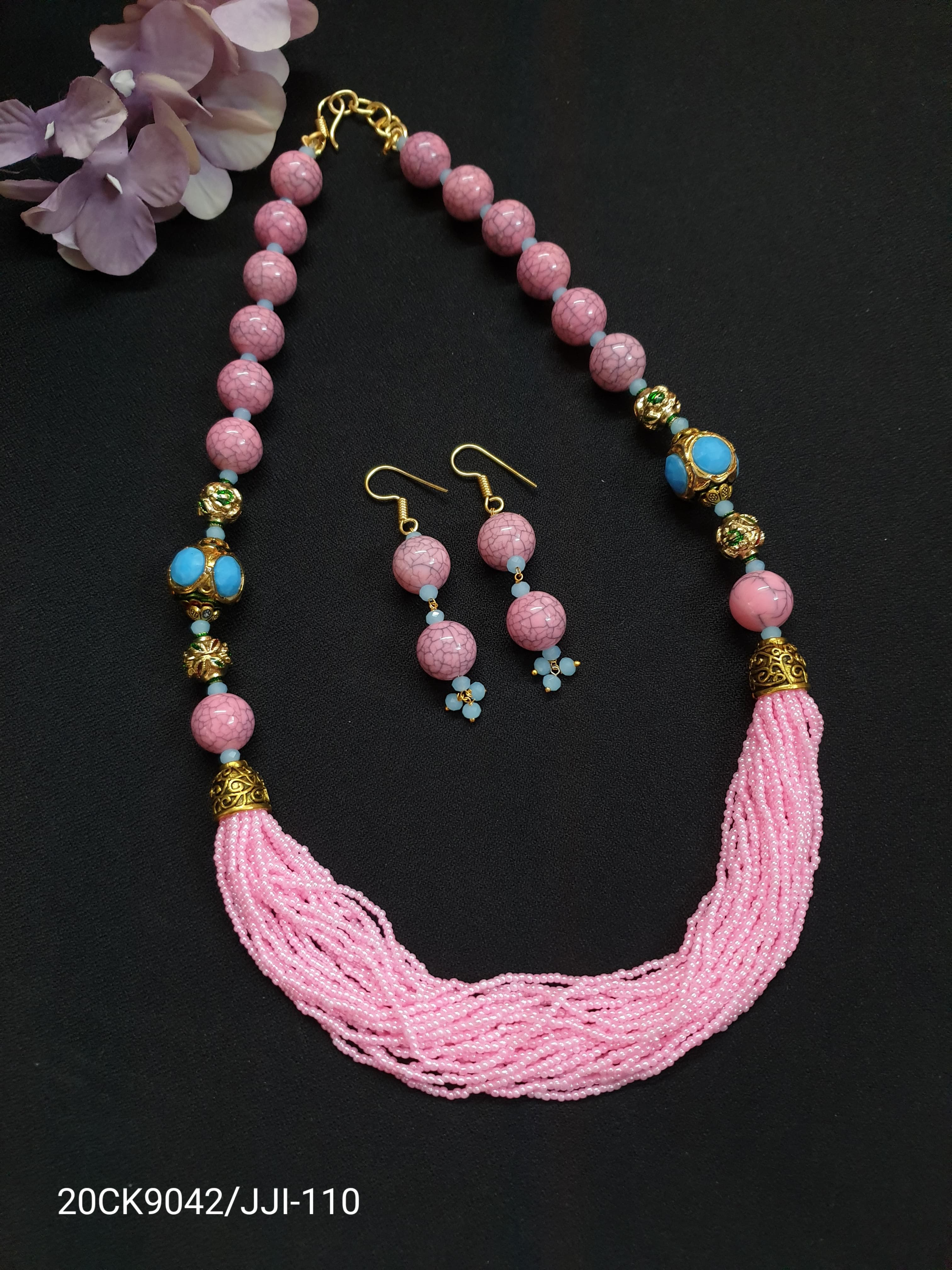 Turquoise Stone Pink Seed Bead Necklace Set