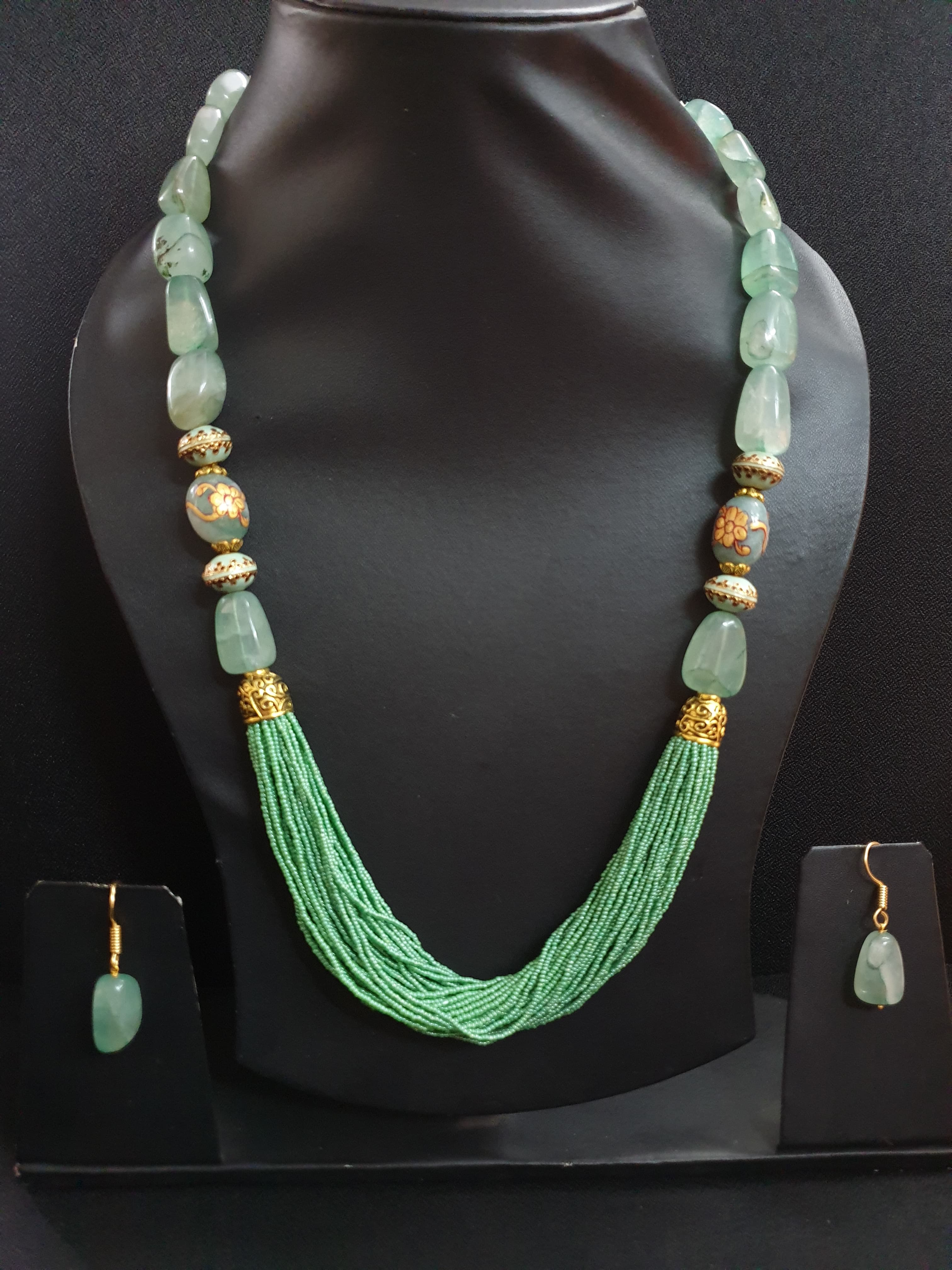 Handpainted Stone Green Seed Bead Necklace Set