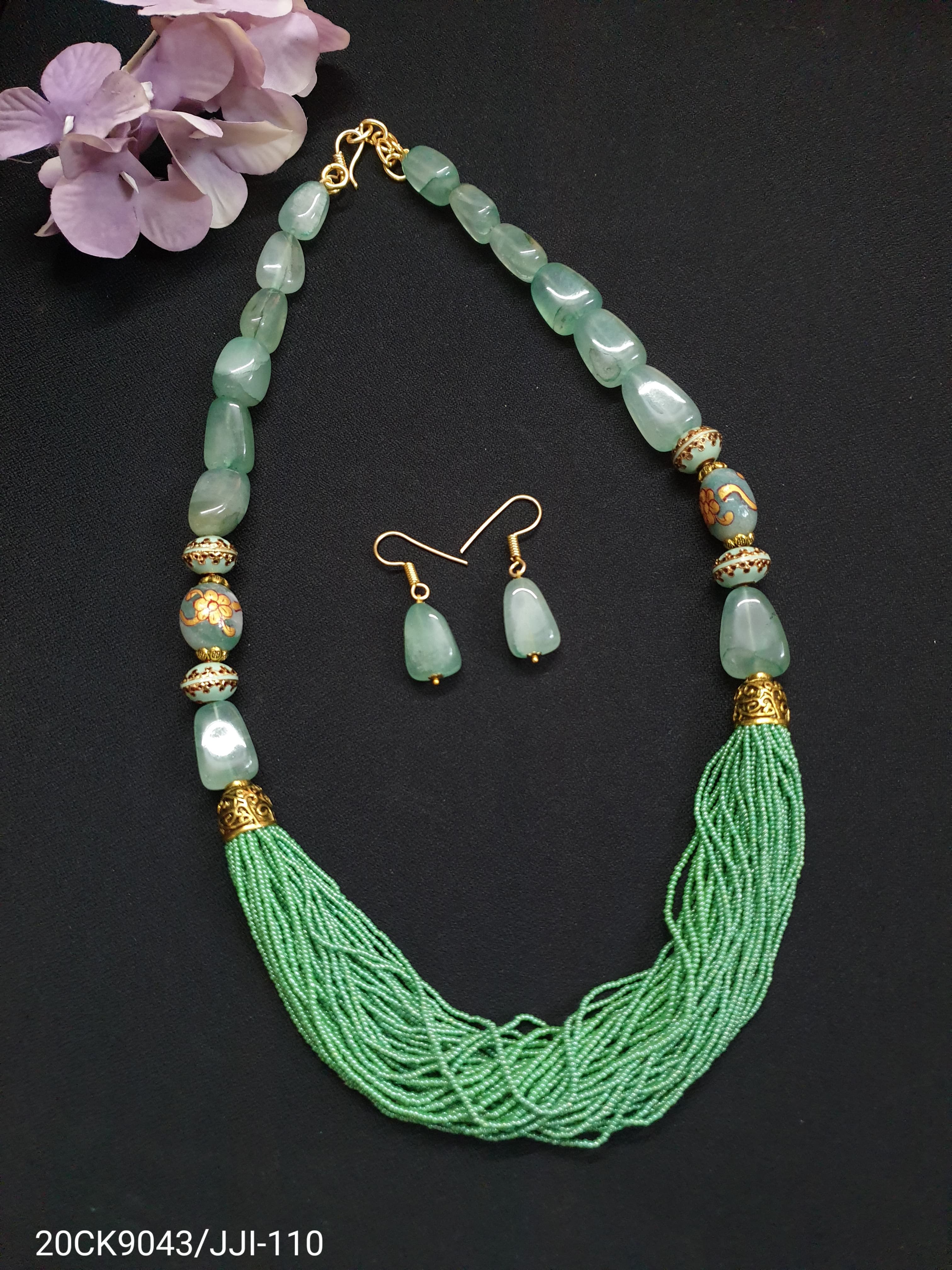 Handpainted Stone Green Seed Bead Necklace Set