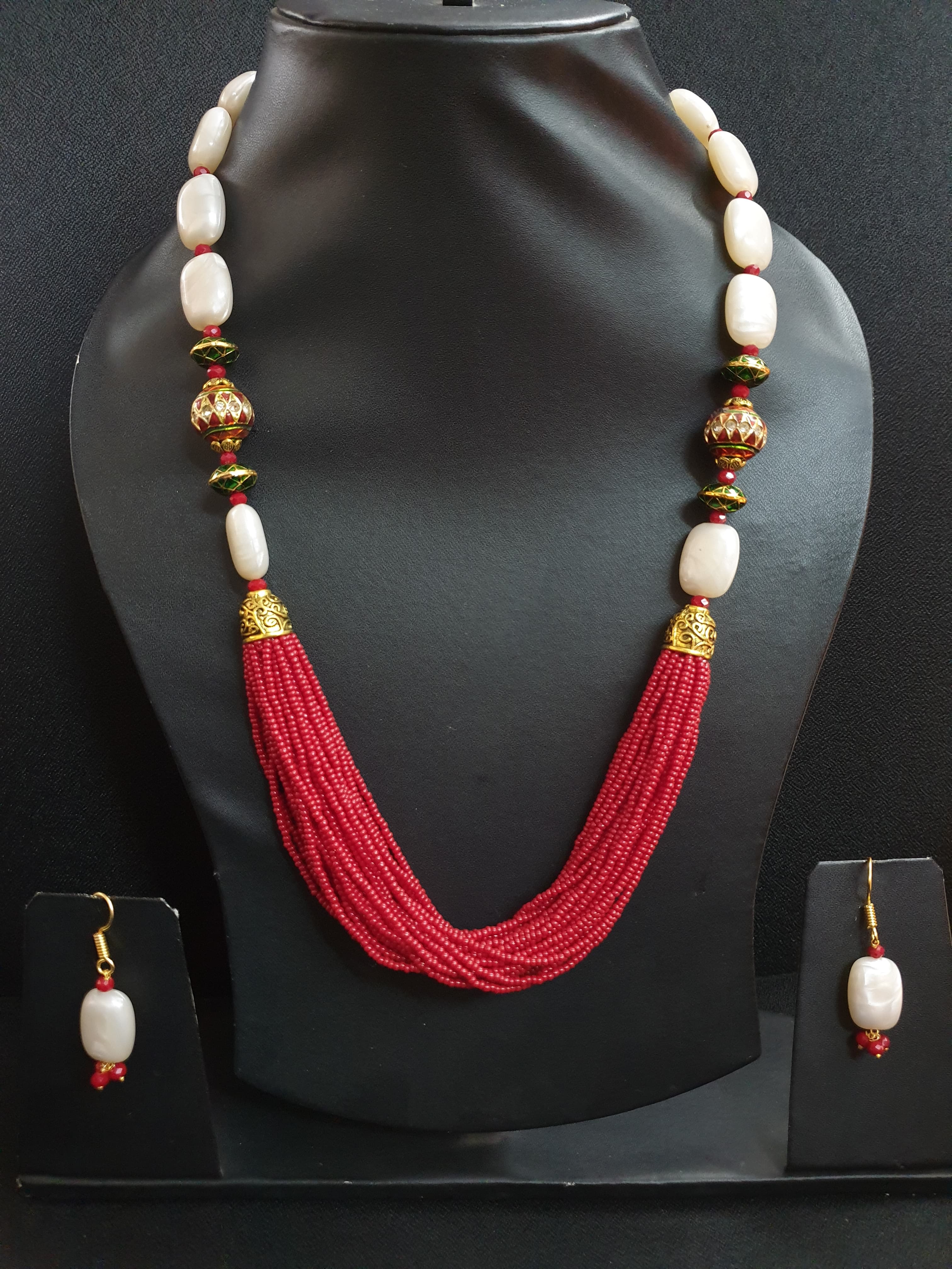 Jadau Stone Red Seed Bead Necklace Set