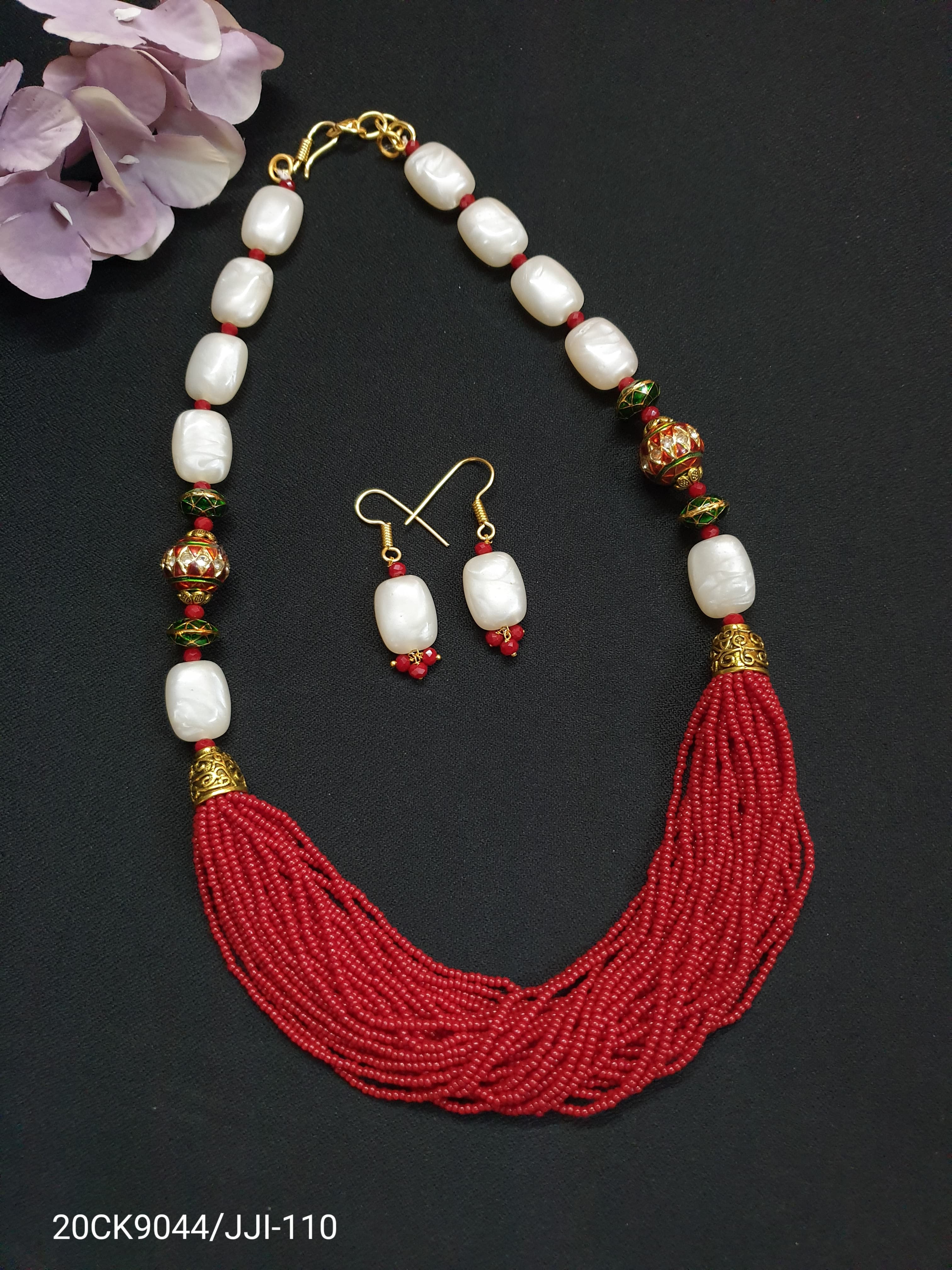 Jadau Stone Red Seed Bead Necklace Set