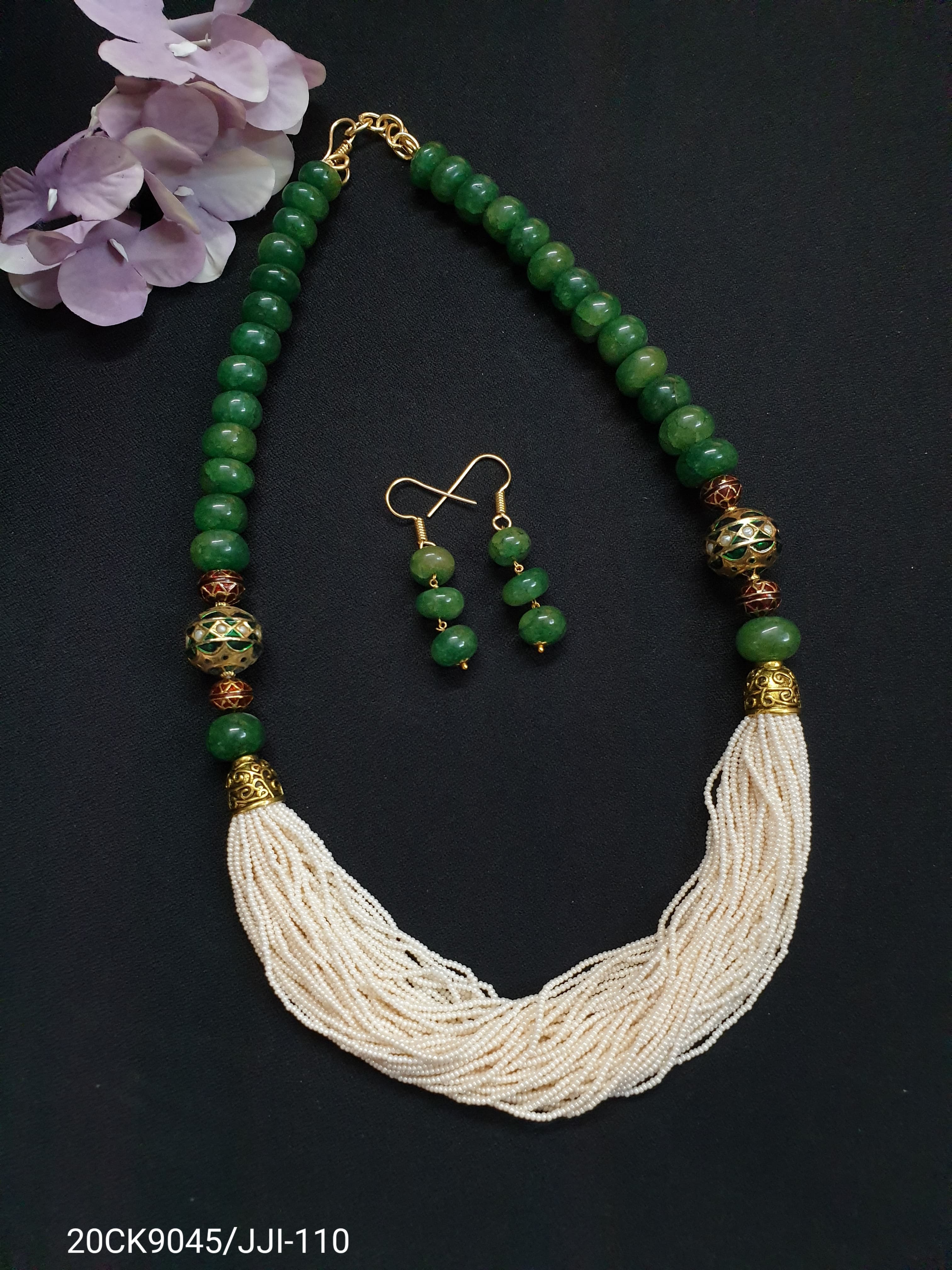 Green Stone Pearl Seed Bead Necklace Set
