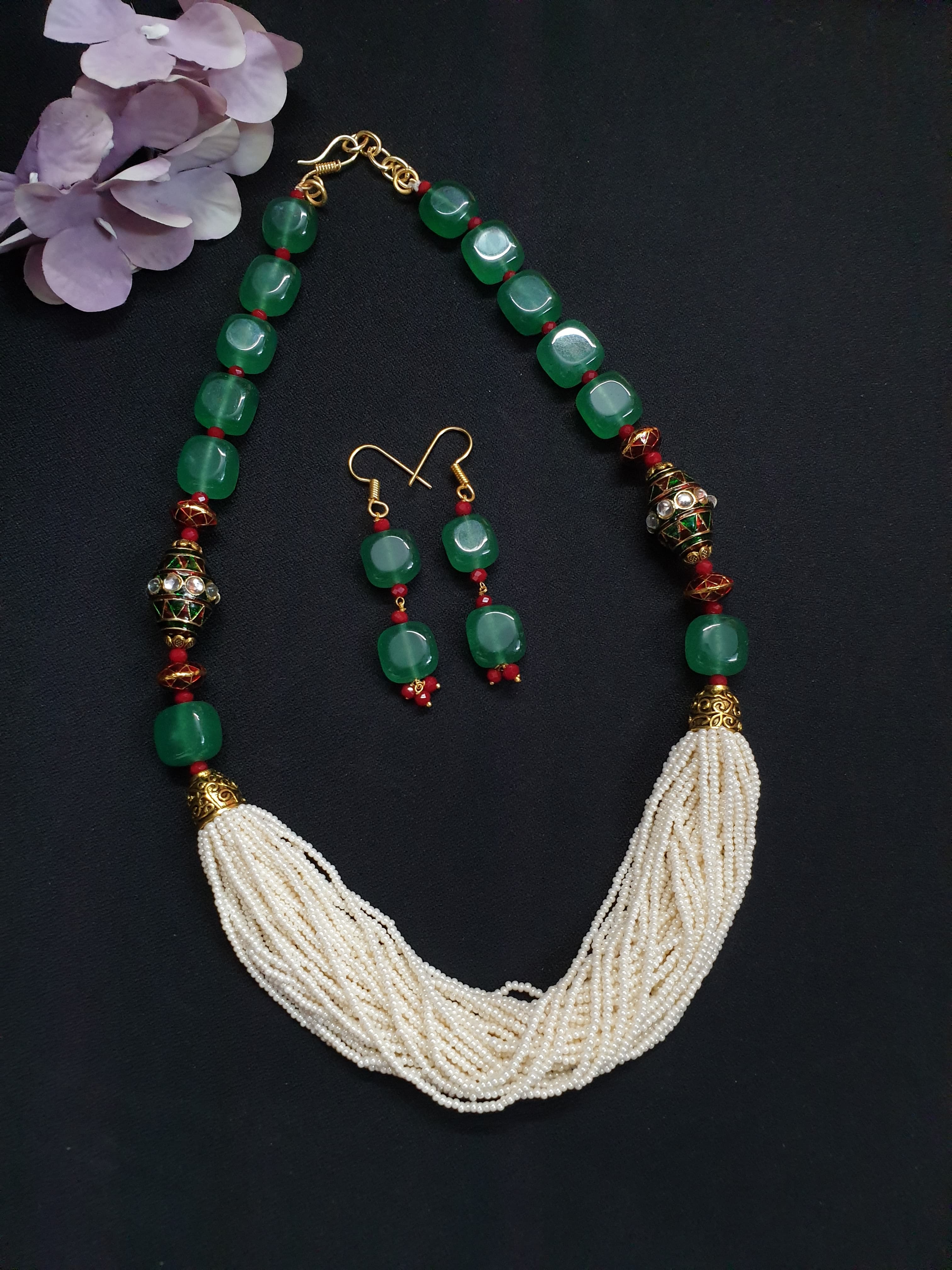 Green Meenakari Beads Pearl Seed Bead Necklace Set