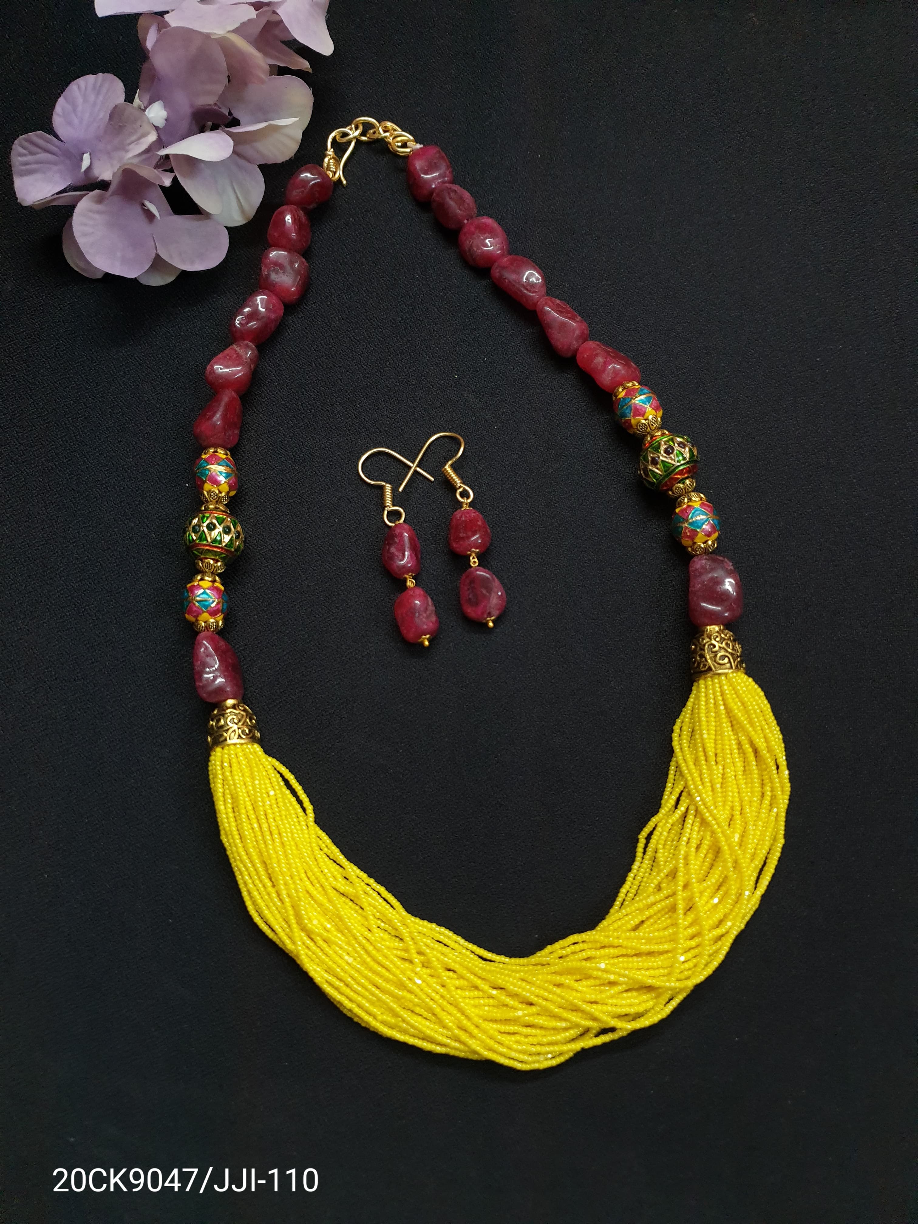 Maroon Jadau Beads Yellow Seed Bead Necklace Set