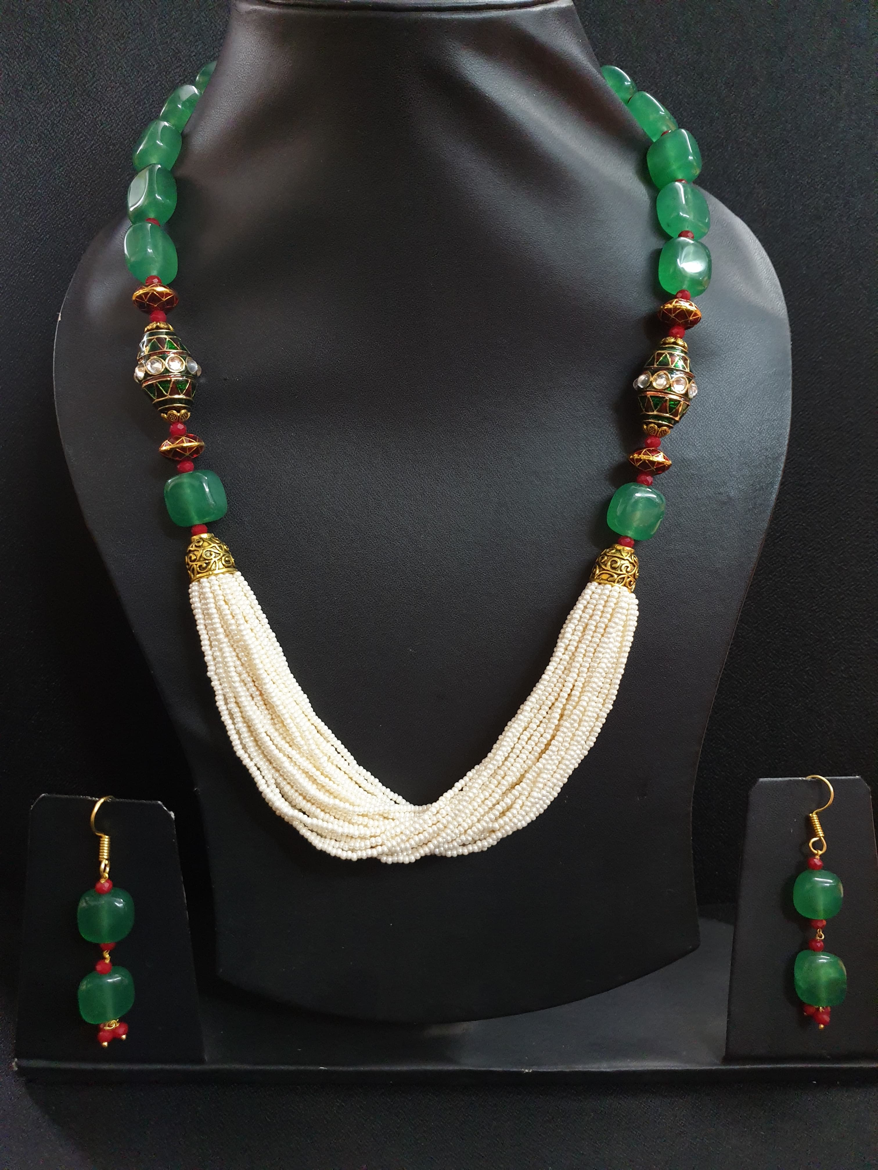 Green Meenakari Beads Pearl Seed Bead Necklace Set