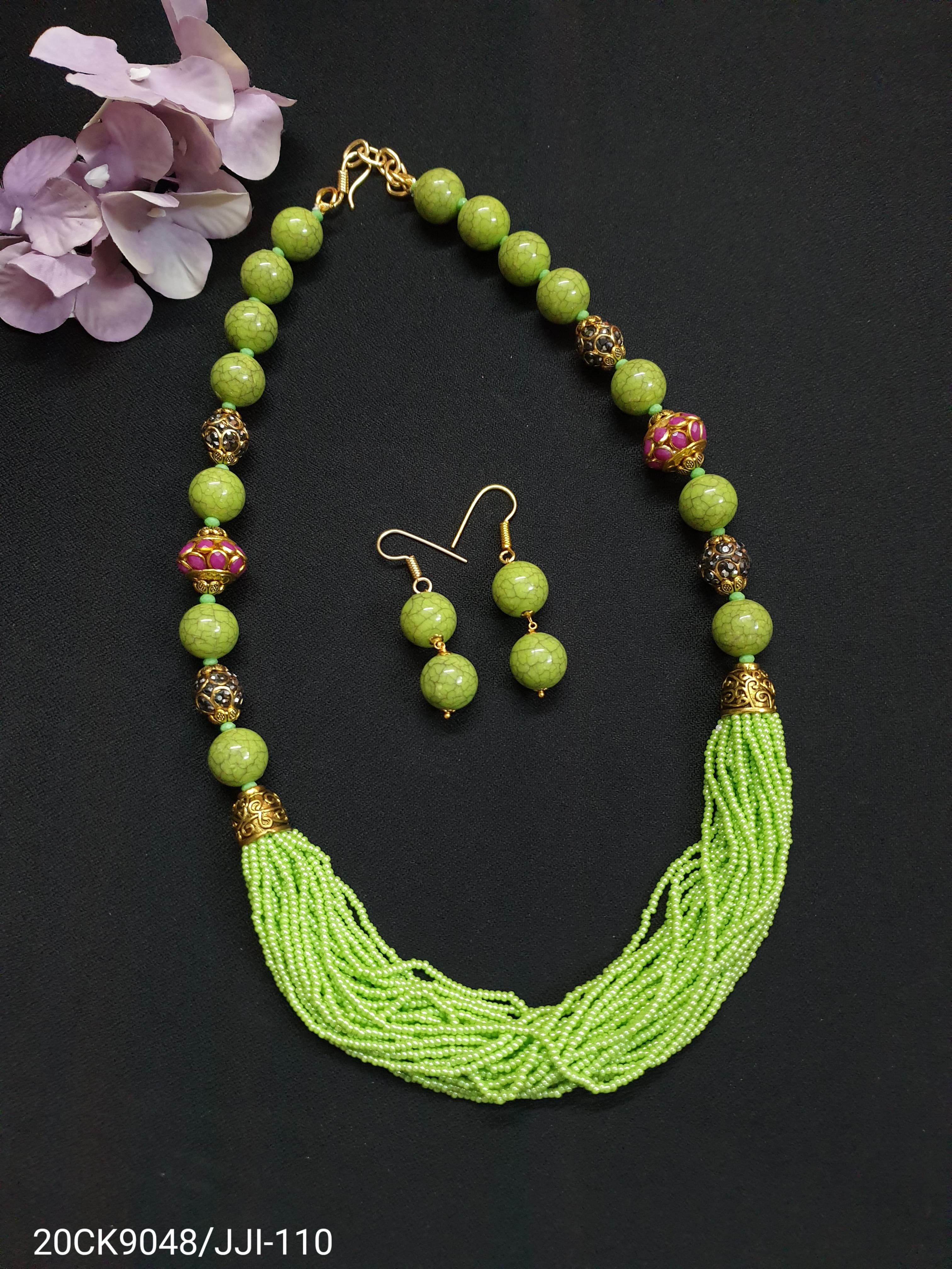 Traditional Paachi Green Seed Bead Necklace Set