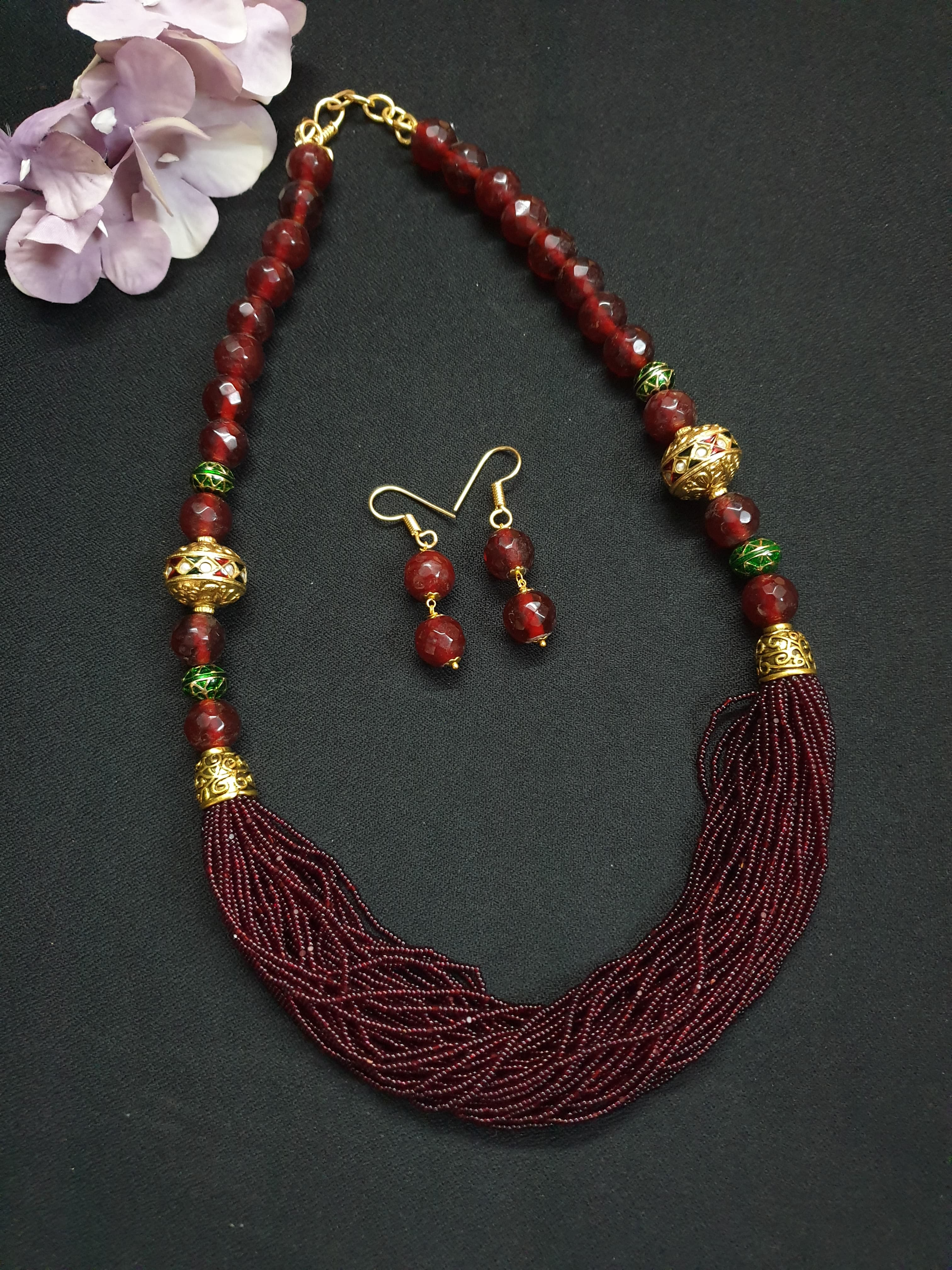 Jadau Maroon Seed Bead Necklace Set