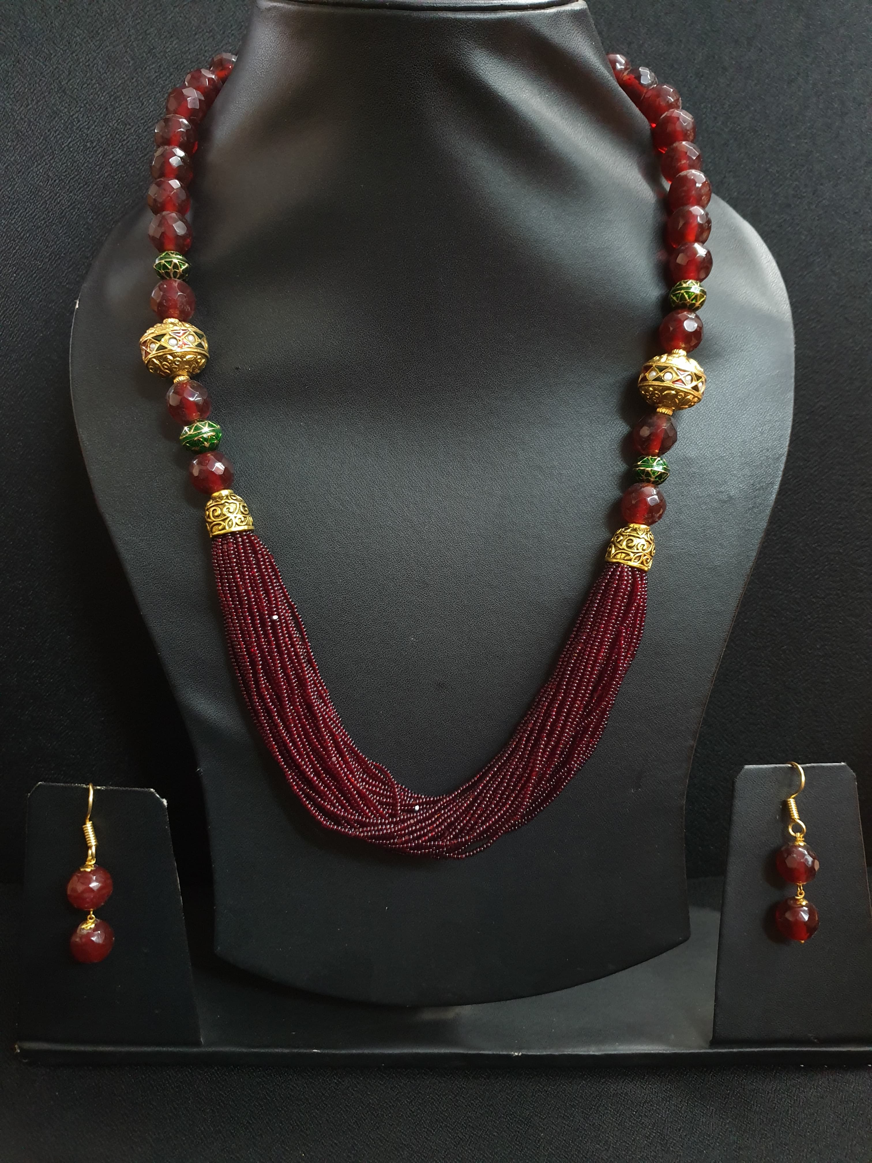 Jadau Maroon Seed Bead Necklace Set