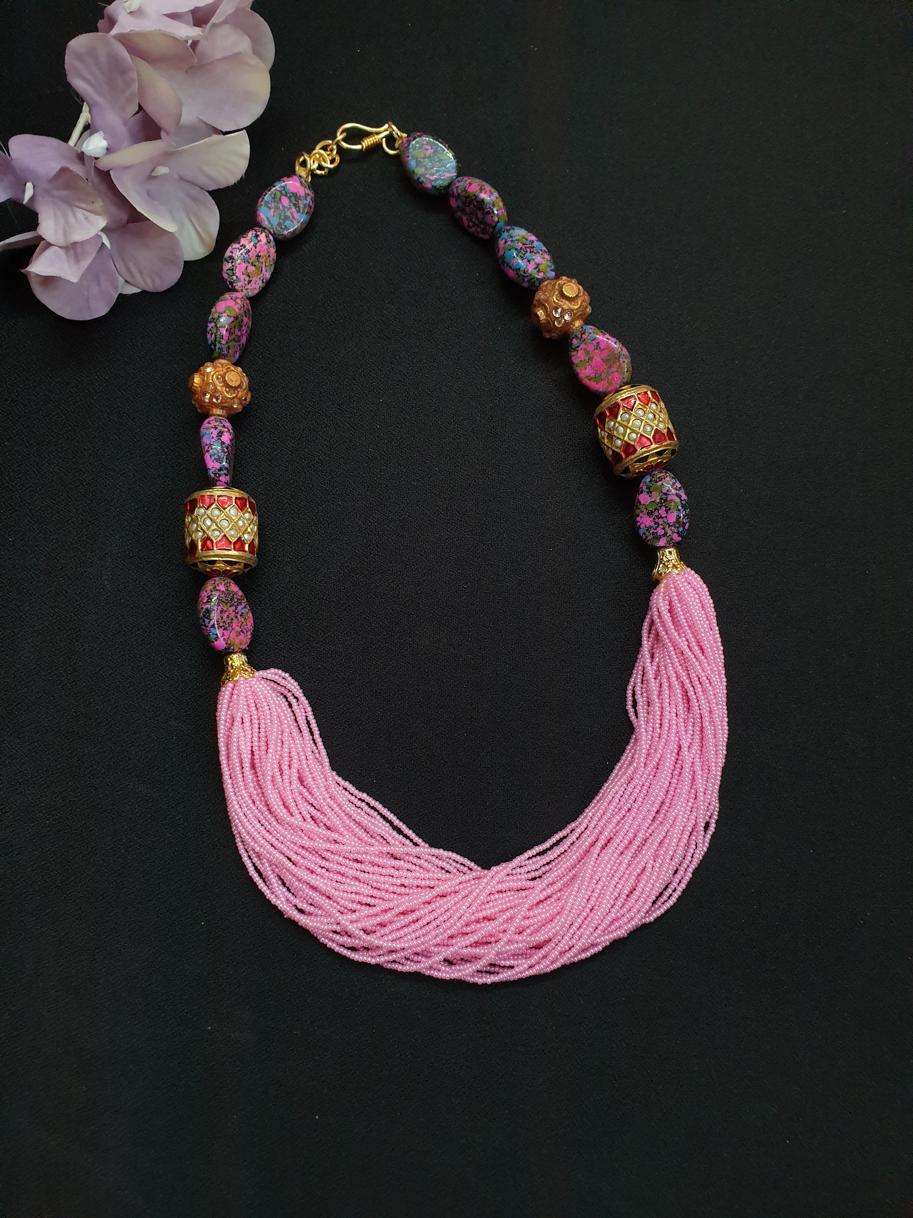 Jadau Pink Seed Bead Necklace Set
