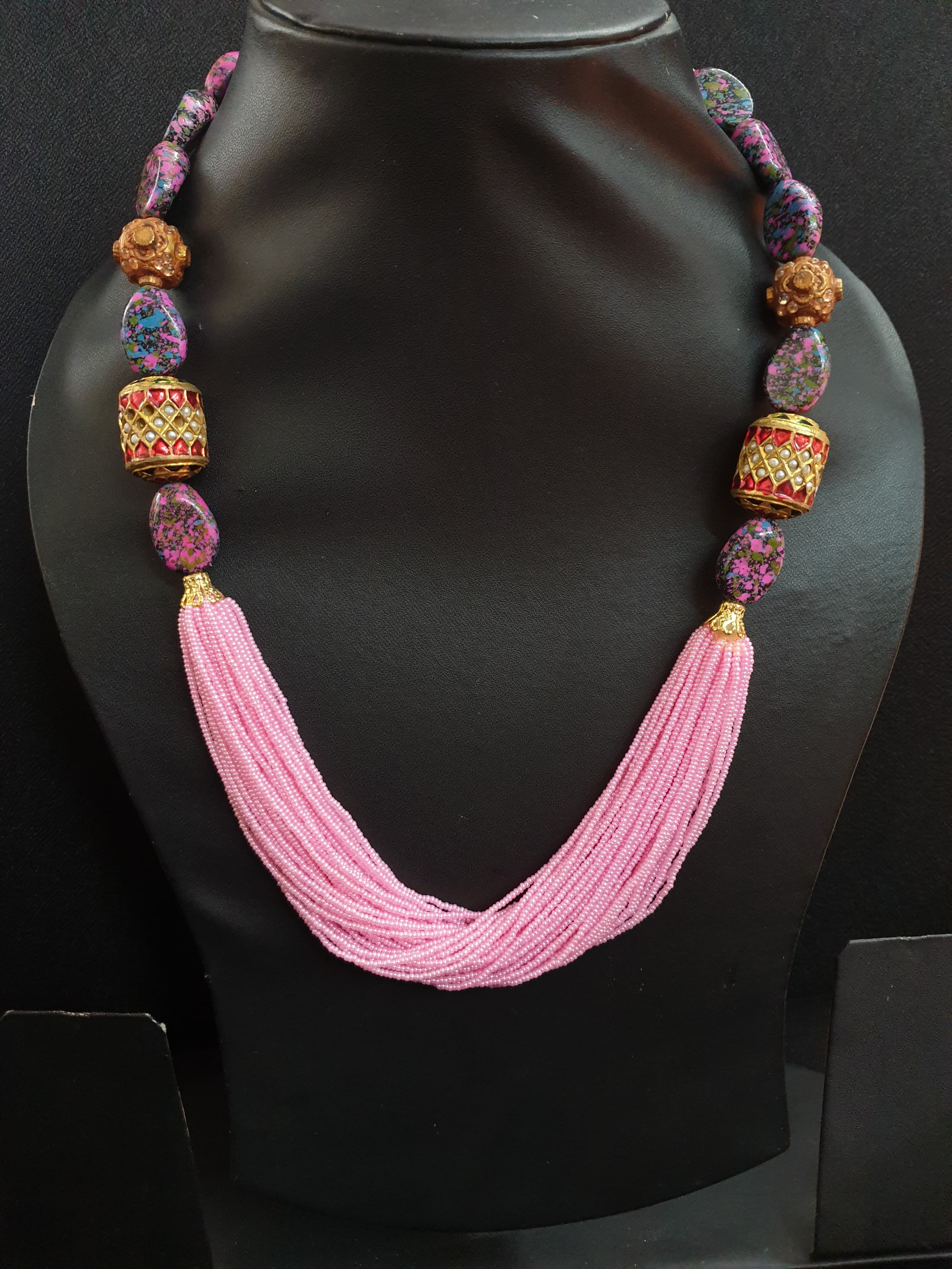 Jadau Pink Seed Bead Necklace Set