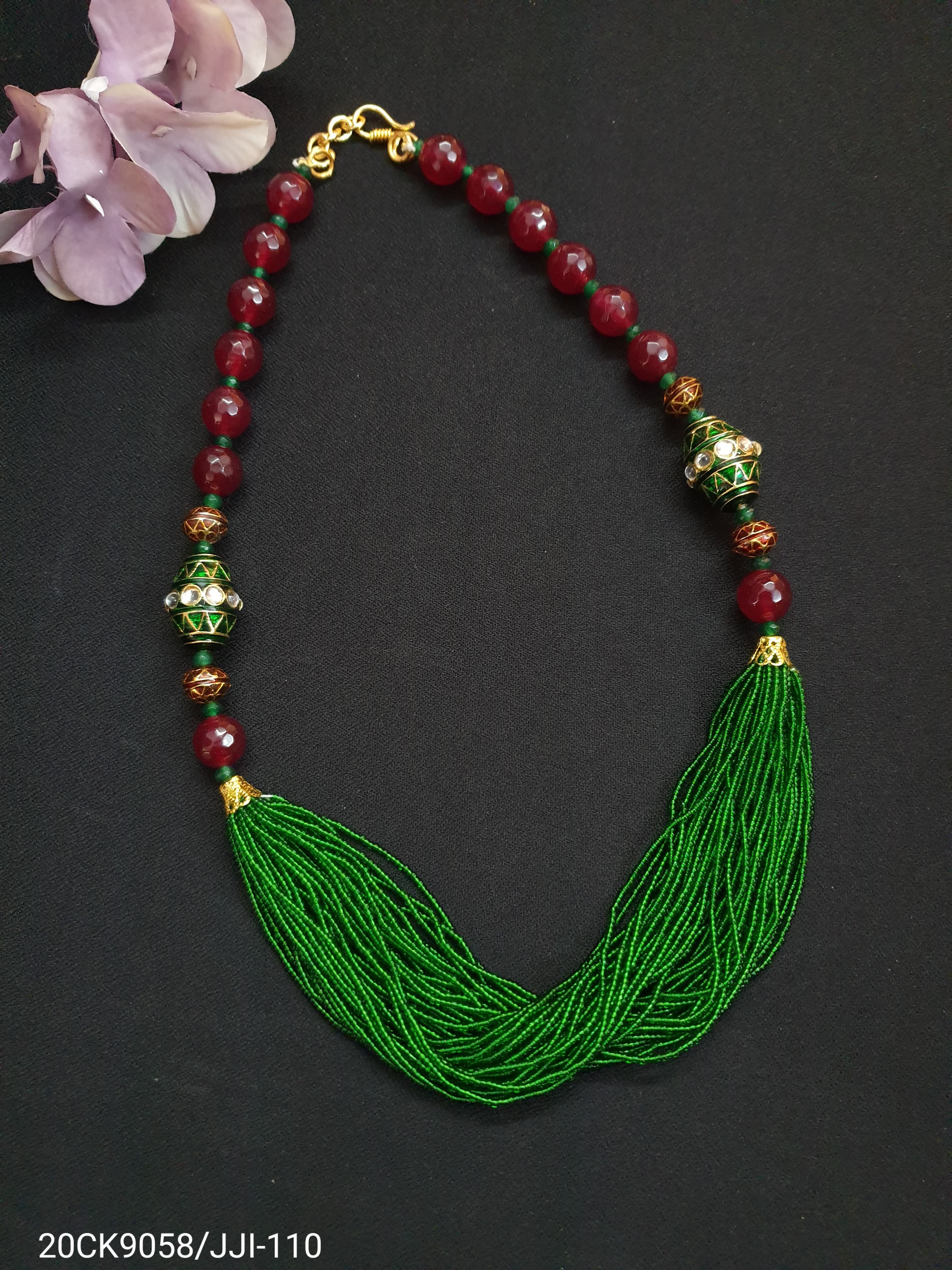 Jadau Green Seed Bead Necklace Set