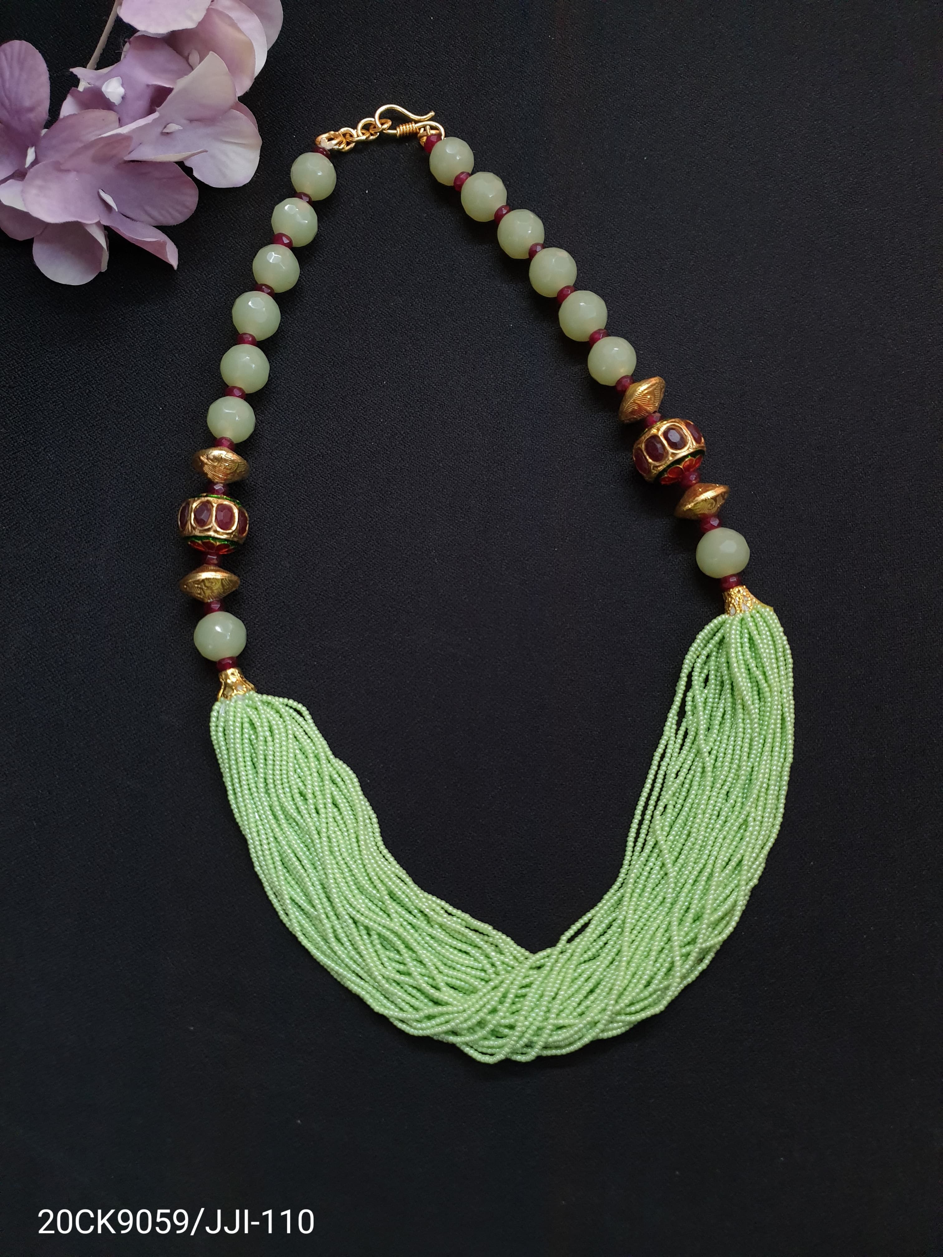 Jadau Mint Green Seed Bead Necklace Set