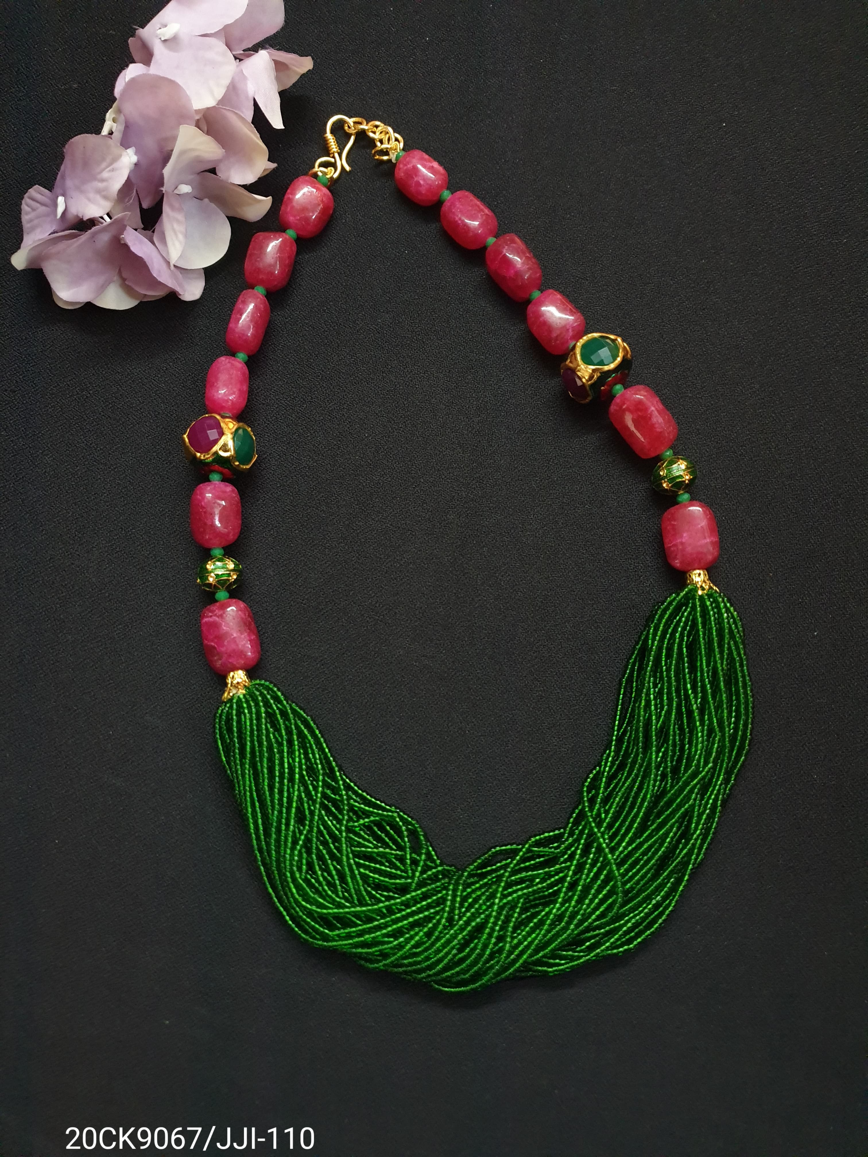 Ruby Stone Green Seed Bead Necklace Set