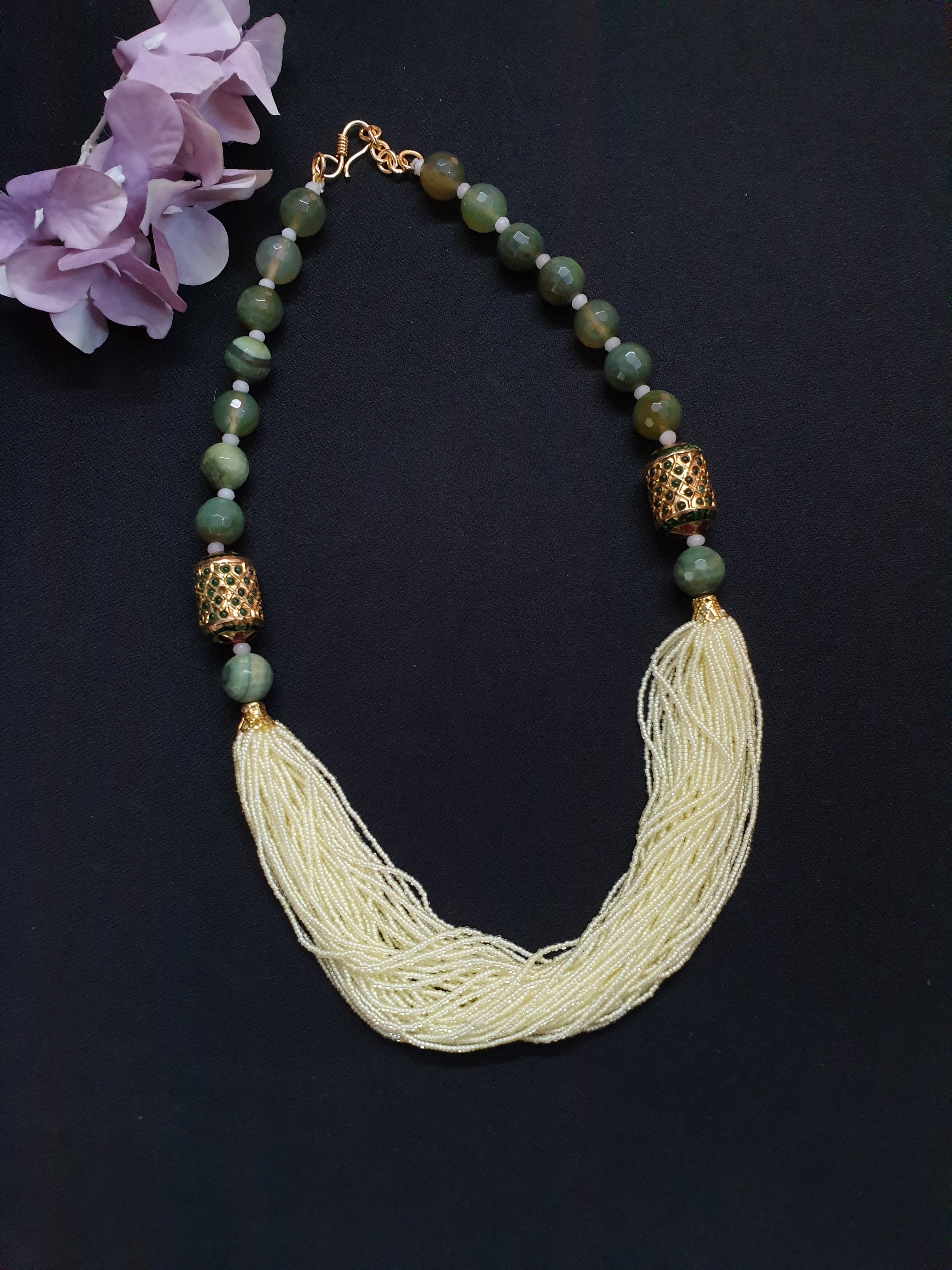 Mehendi Green Stone Pearl Seed Bead Necklace Set