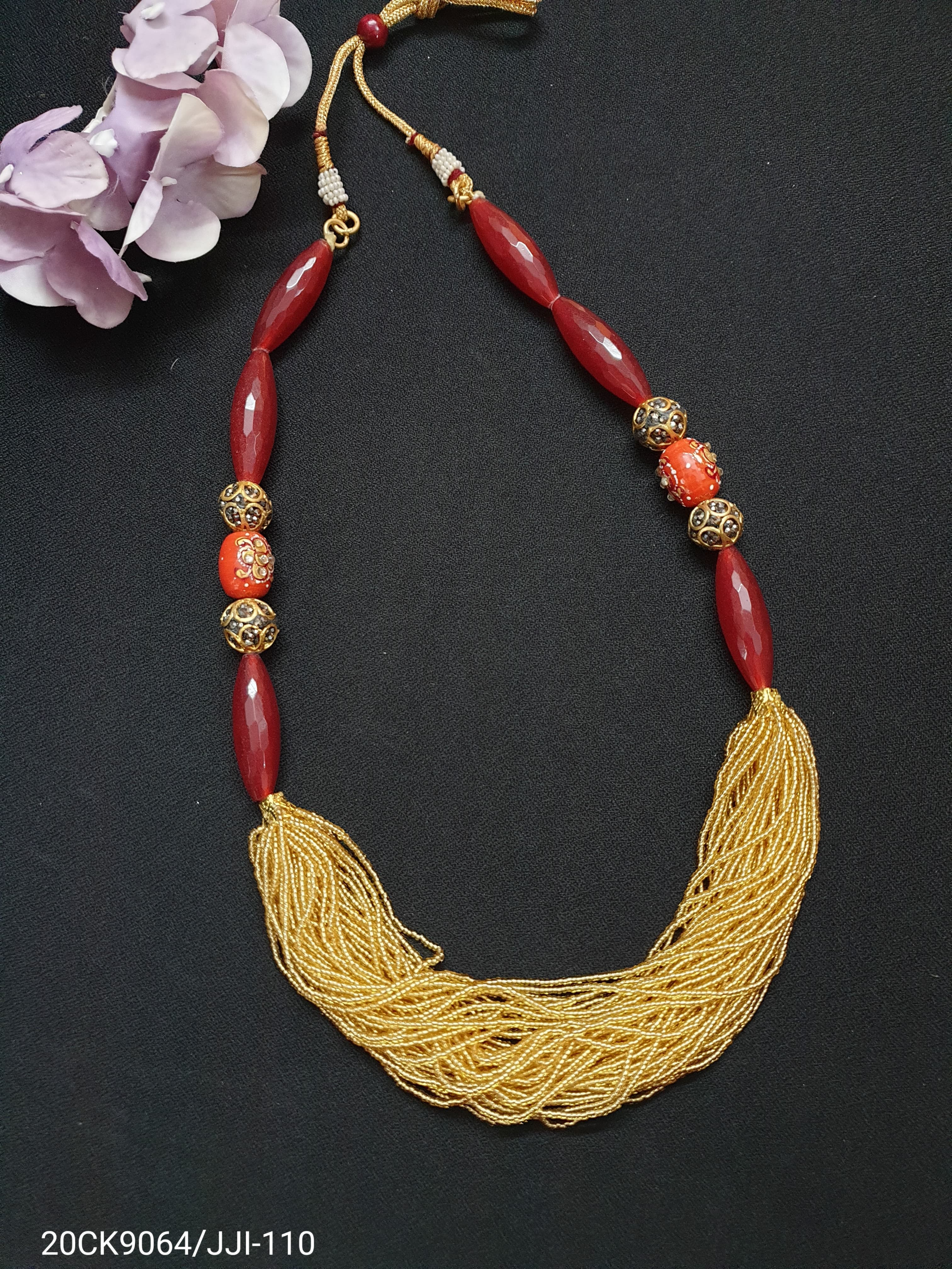Maroon Stone Golden Seed Bead Necklace
